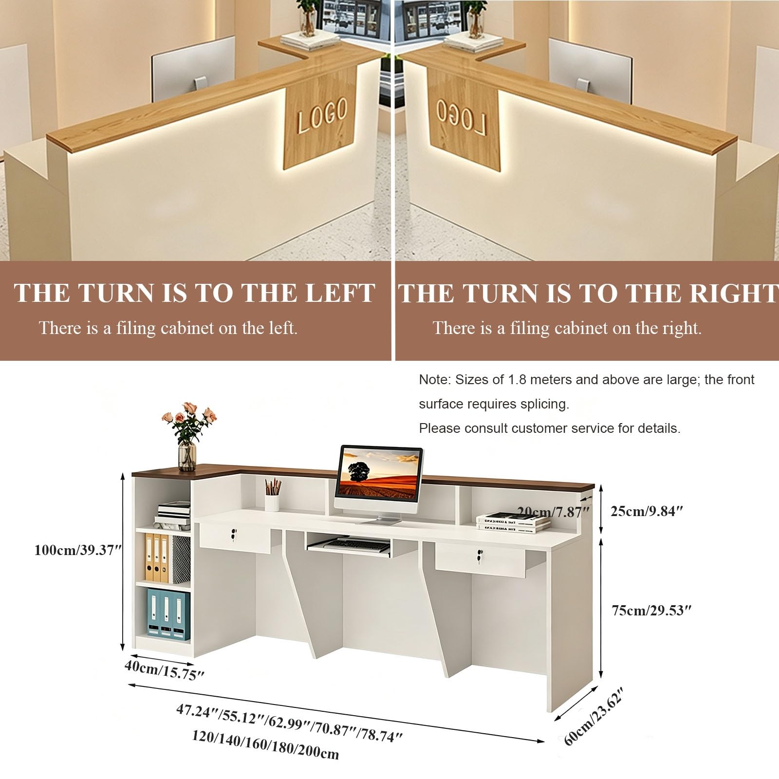 Mostrador Recepción con Cajón con Llave Mostradores para Tiendas | Mesa de Oficina Superficie amplia con estantes, bandeja para teclado para recepción y oficina.(Natural wood/Right,120cm)