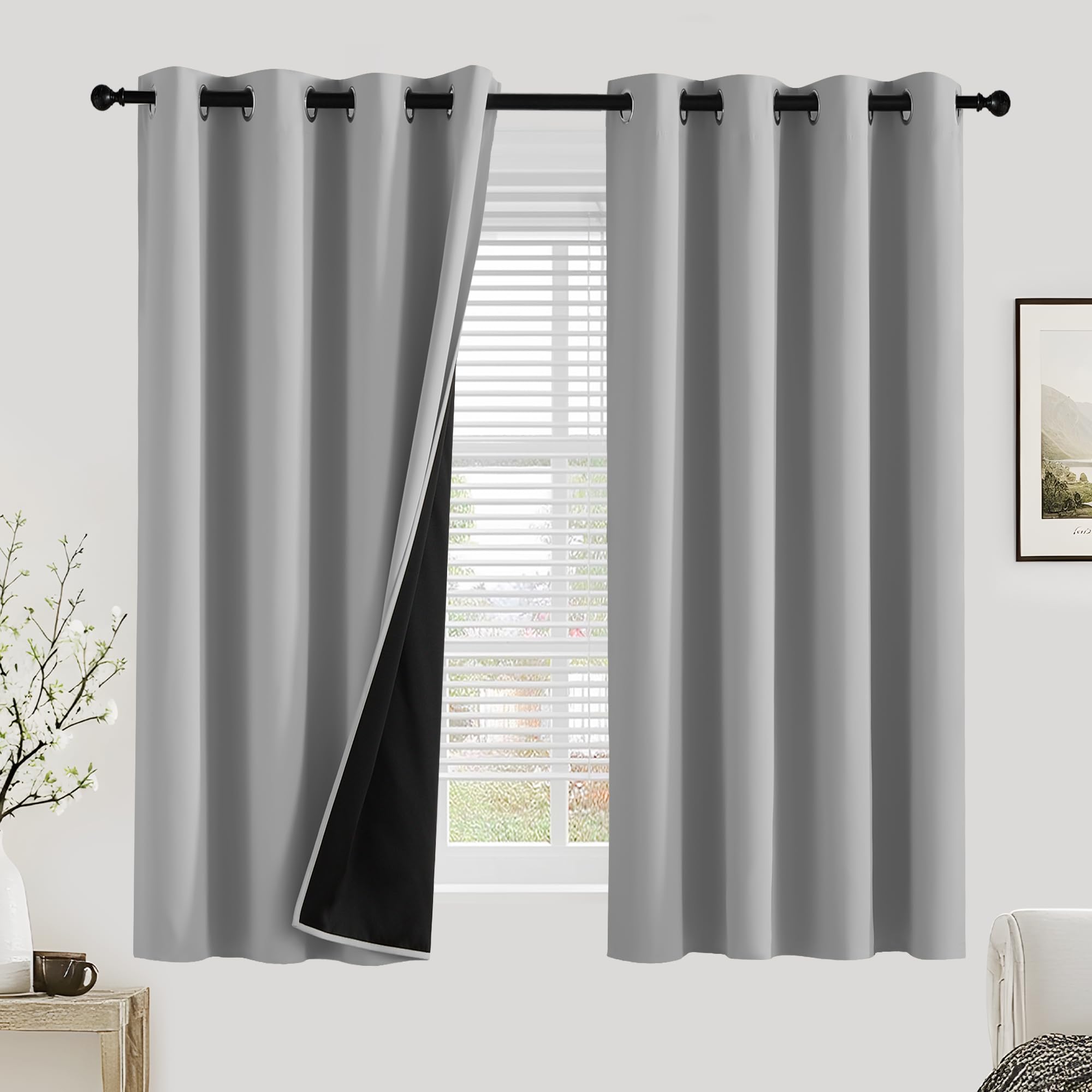 PONY DANCE 100% Blackout Curtains for Bedroom - Thermal Full Blackout Eyelet Curtains & Drapes Heat and Light Blocking Panels for Living Room with Black Liner 2 Pcs, 52 x 54 Inch, Silver Grey