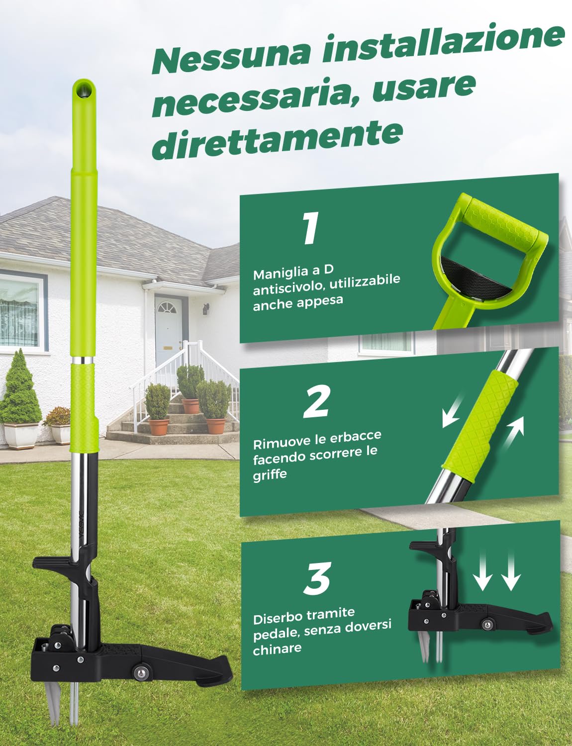 YISSVIC Estirpatore Erbacce Manuale a 4 Artigli in Acciaio Inossidabile con Pedale, Estrattore Radici Telescópico, 110-120 cm, Impugnatura Antiscivolo Regolabile a D, per Giardino