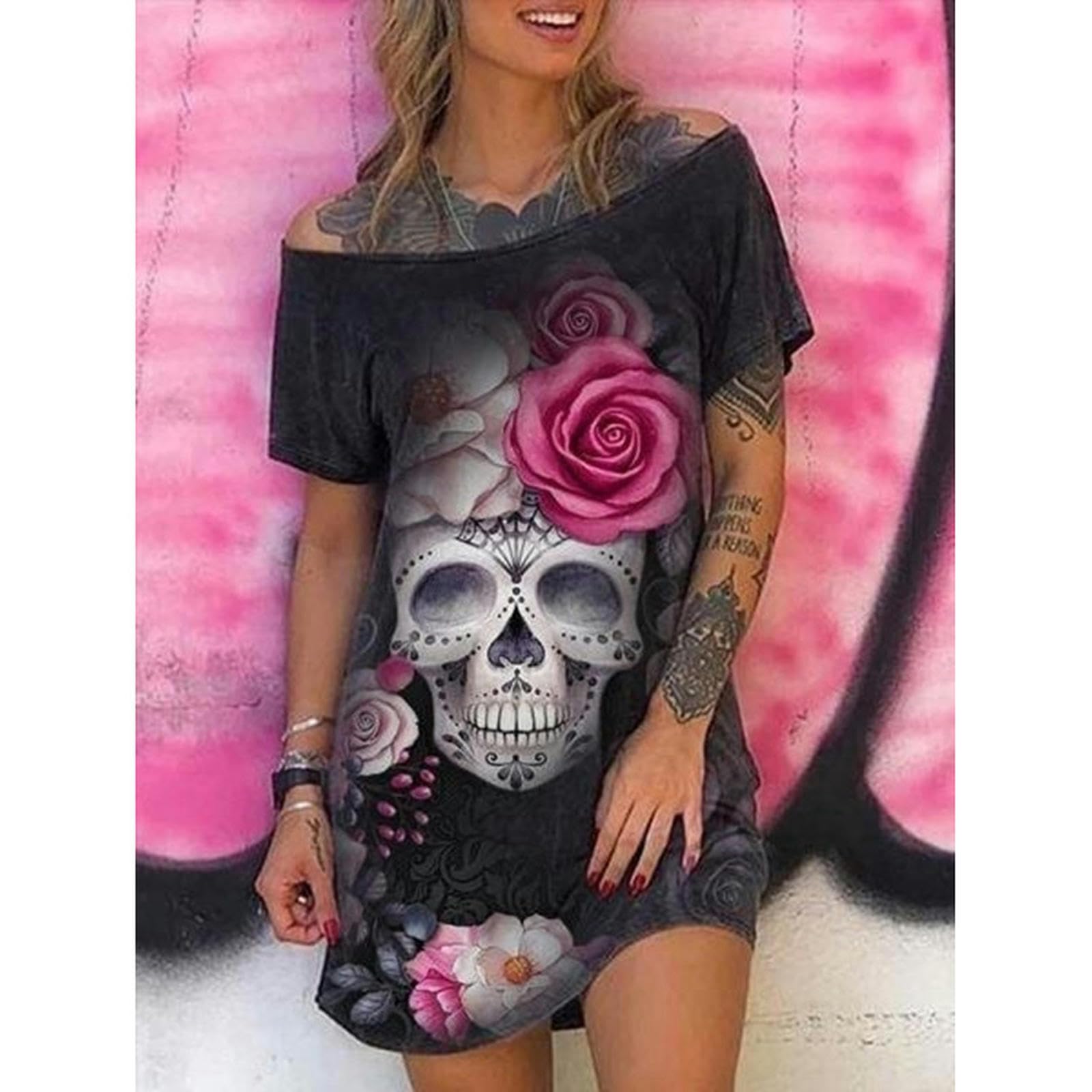 WEITING Robe de Grande Taille européenne et américaine à la Mode et Sexy épaule inclinée imprimé tête de Mort Jupe Courte à Manches Courtes pour Femme - Noir - 4XL