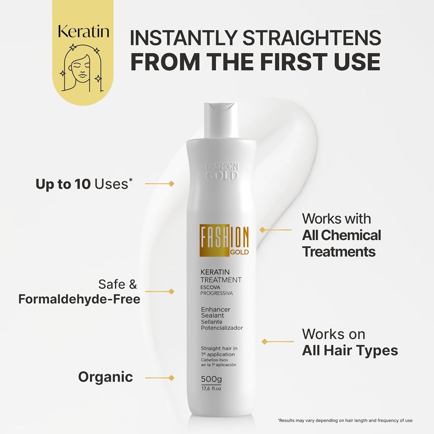 FASHION GOLD Keratin Hair Treatment (10 USES per Bottle), Keratina para Alisar el Pelo, Hair Botox Treatment, At Home Keratin Treatment, Alisados Organicos SIN FORMOL, Verdadera Keratina Brasileña - Image 3