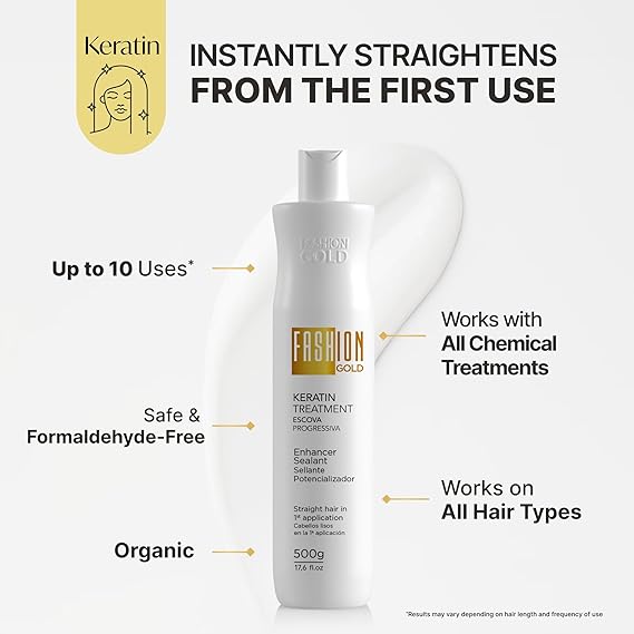 FASHION GOLD Keratin Hair Treatment (10 USES per Bottle), Keratina para Alisar el Pelo, Hair Botox Treatment, At Home Keratin Treatment, Alisados Organicos SIN FORMOL, Verdadera Keratina Brasilena