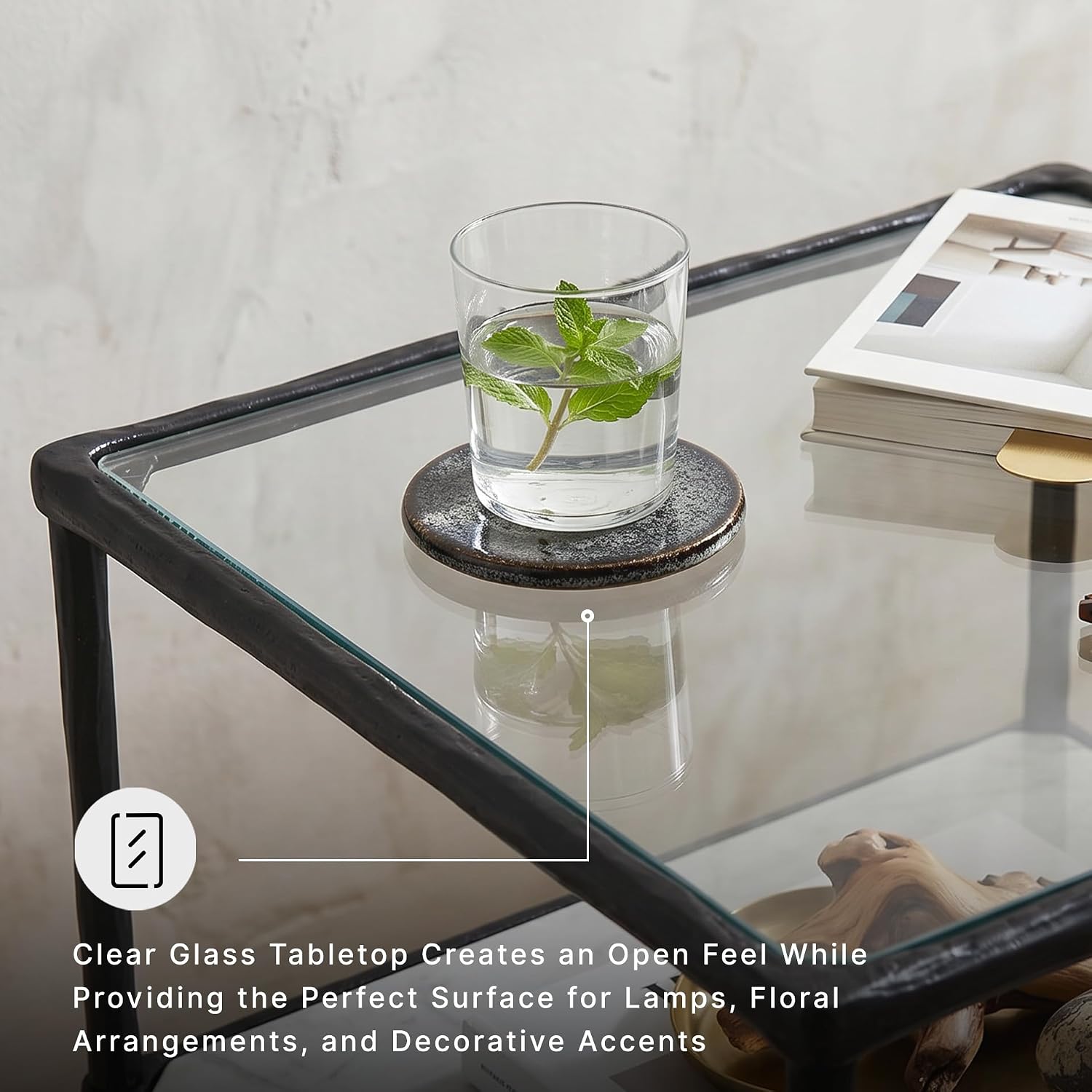 Signature Design by Ashley Modern Glass and Marble End Table, Ryandale | Antique black accent table, Modern end table with storage, Clear glass top, Genuine white marble lower shelf, Aluminum frame