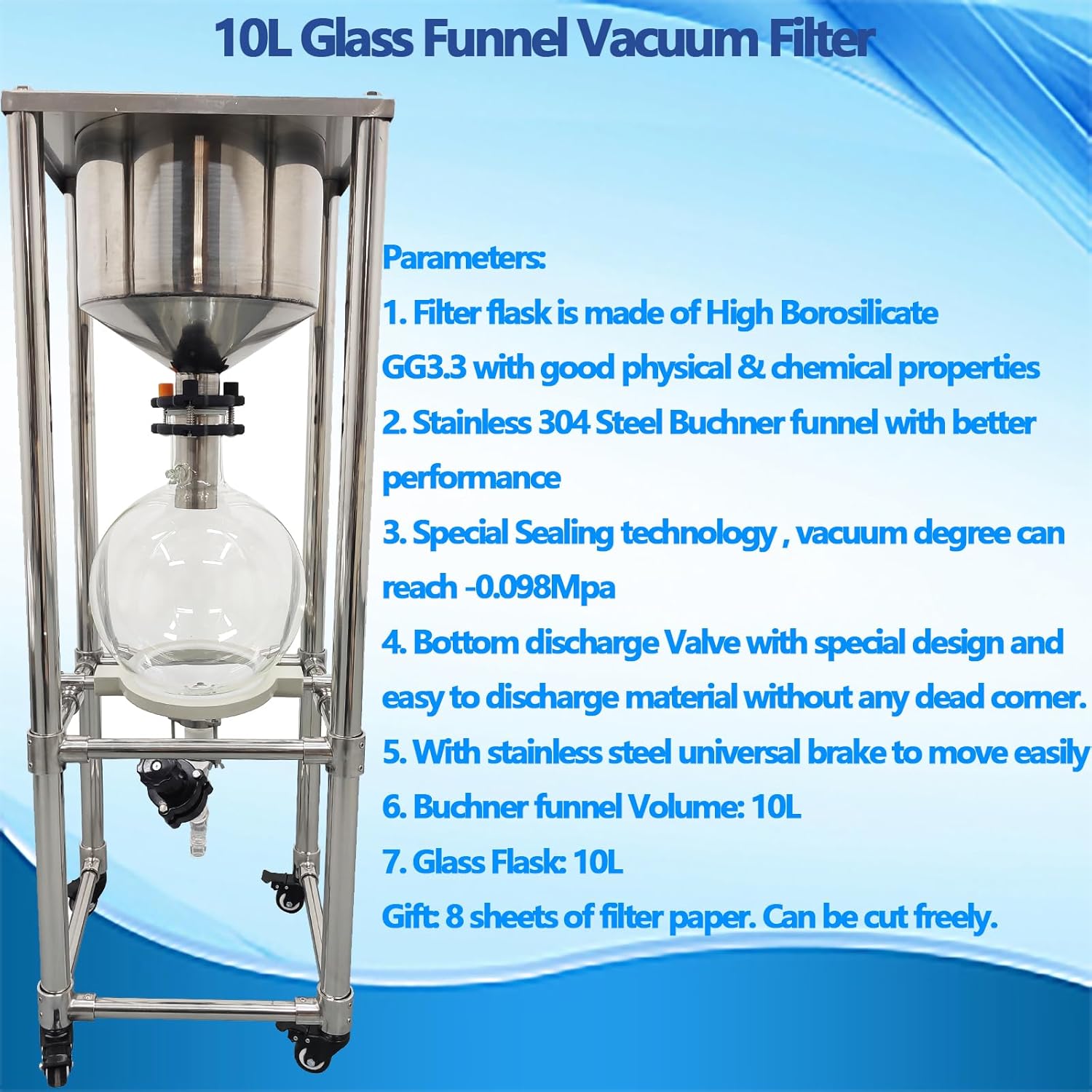 10L Glass Funnel Vacuum Filter Stainless Steel Vacuum Suction Filter Lab Vacuum Buchner Funnel for Liquid-Liquid Extraction Room Temperature Reaction