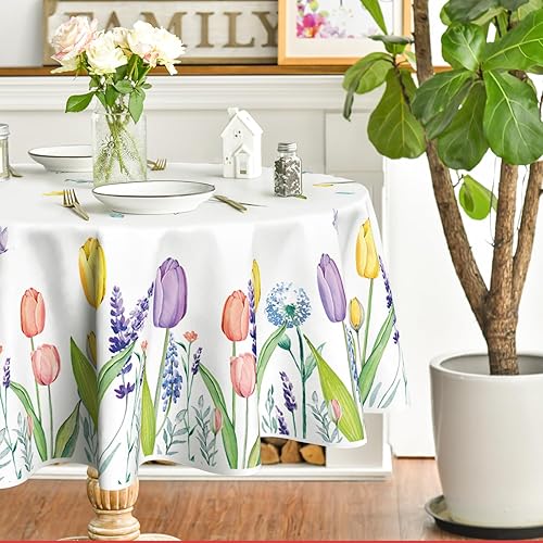 Horaldaily Mantel redondo de primavera y verano de 70 x 70 pulgadas, diseño de flores silvestres de acuarela de Pascua, tulipán, lavanda,