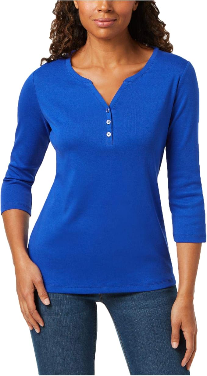 Karen Scott Cotton Henley Top (Ultra Blue, S) at Amazon Women’s