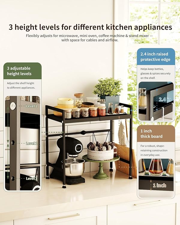 E-THOL 2-Tier Microwave Shelf, Expandable – Heavy Duty Microwave Stand for Countertop & Kitchen with 8 Hooks – For Oven, Coffee Maker & More (black) by E-THOL - Used condition - Image 4