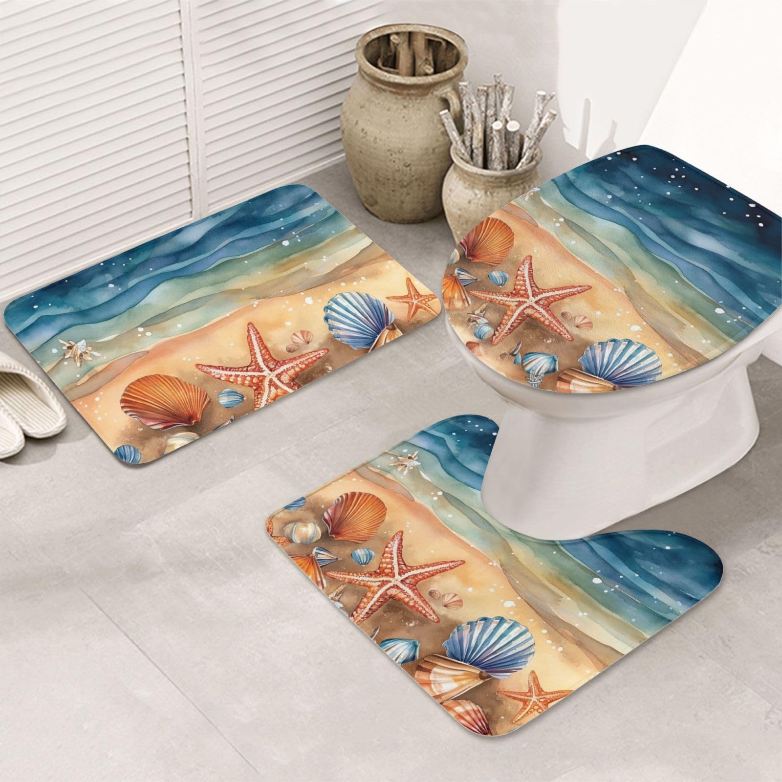 Lot de 3 tapis de salle de bain lavables aquarelle de coquillages