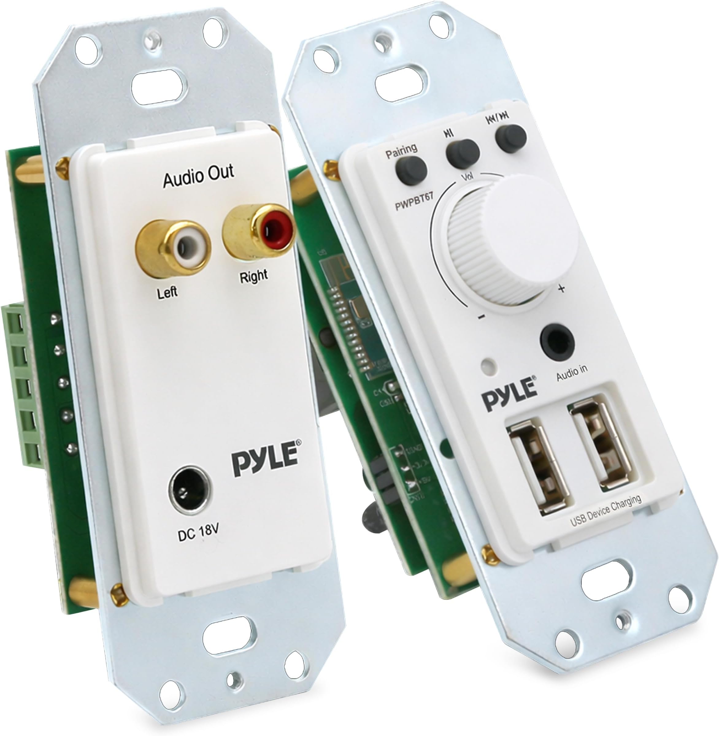 Pyle Bluetooth Receiver Wall Mount - In-Wall Audio Control Receiver w/ Dual USB Charging Port, 3.5mm AUX Input for Sound Systems - For Home Theater Entertainment - Includes DC Power Adaptor - PWPBT67