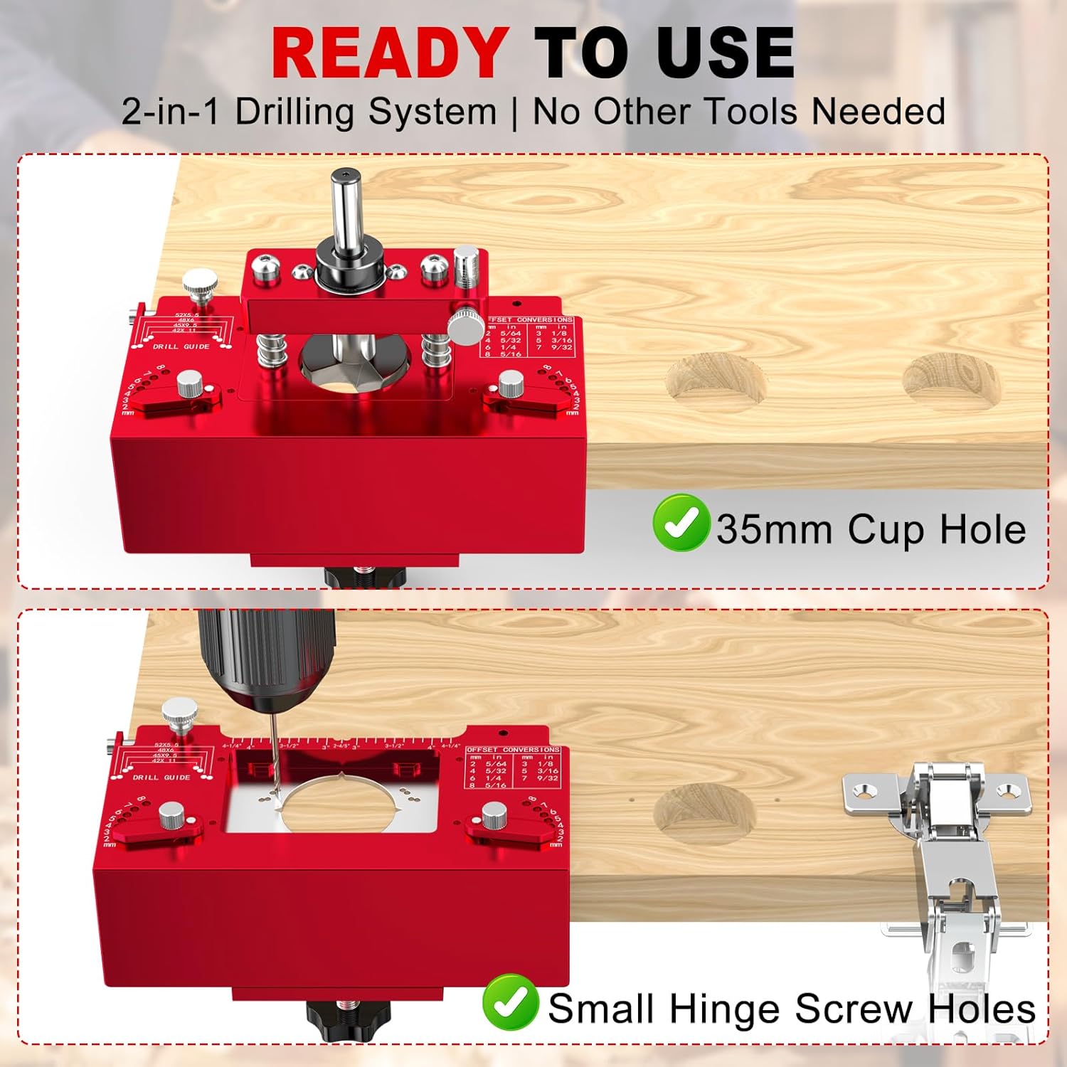 Quick Set 35mm Concealed Hinge Jig with Built-in Screw Hole Guide, Metal Precision Cabinet Door Hinge Jig with Wider Offset from 2 to 8mm, Woodworking Cabinet Doors Mounting Tool