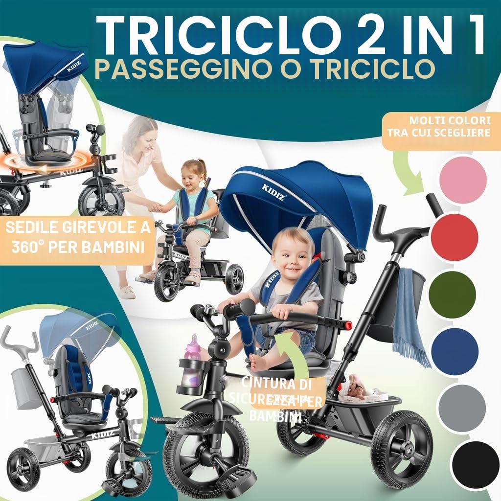 KIDIZ Triciclo 6 in 1 Dirigibile da 9 mesi Joggant anteriore e posteriore Peso massimo 25 kg Barra di spinta Cestino parasole Ruote in gomma