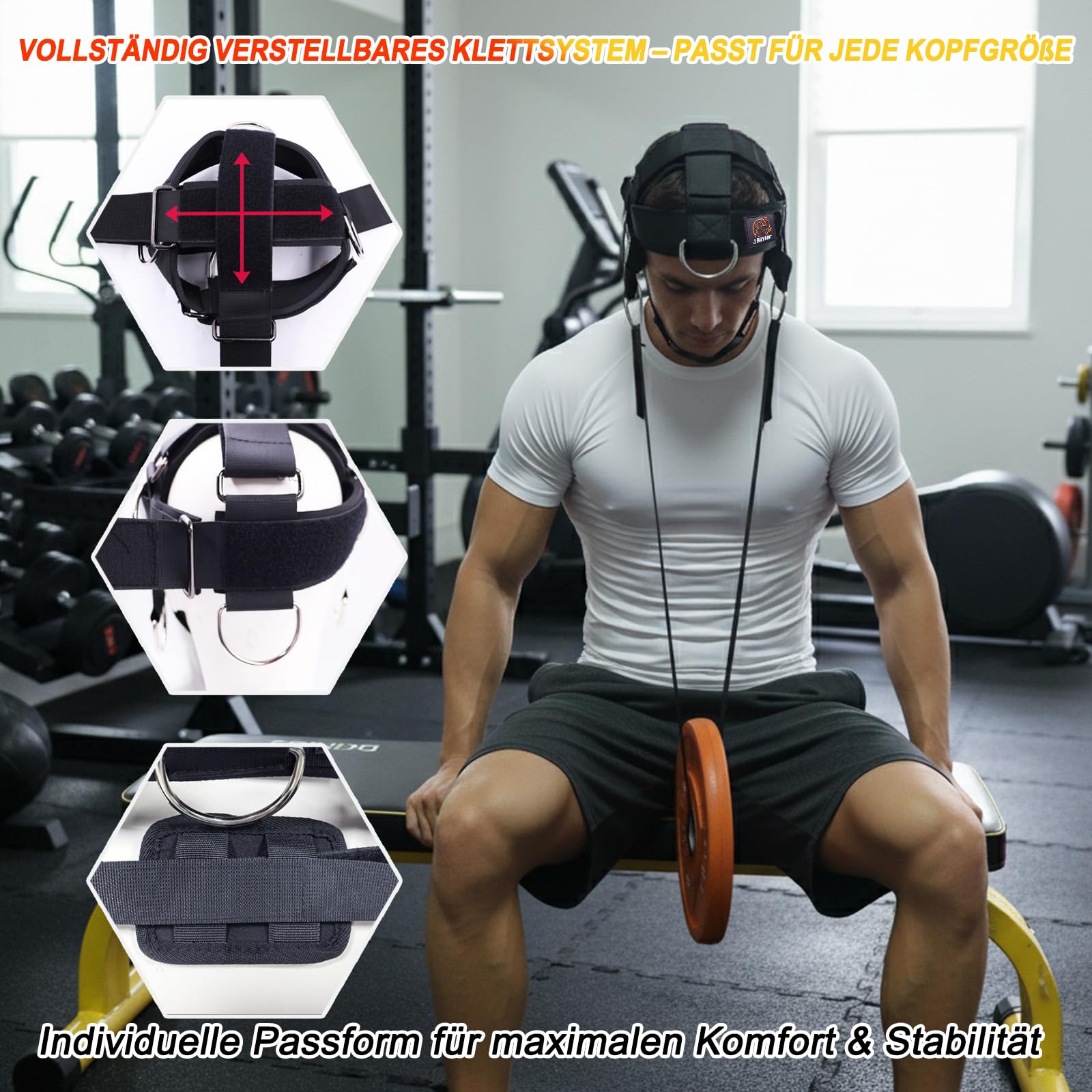 J Bryant Nackentrainer-Set mit Widerstandsband & Kinnpolster – Verstellbares Kopfgeschirr für 360° Krafttraining, D-Ringe für Seilzug & Bänder – Optional mit Stahlkette oder Seilzug-System