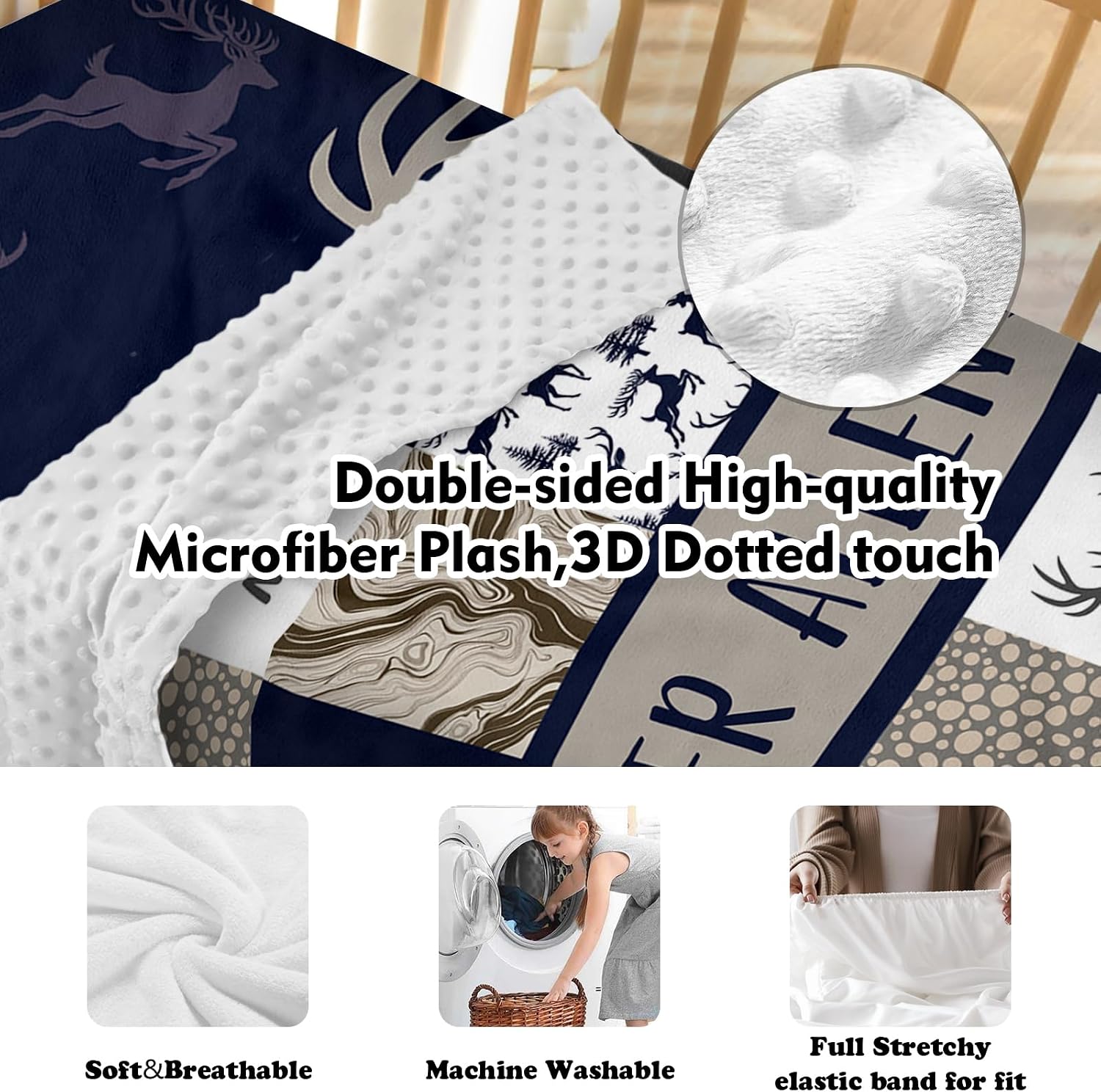 Custom Name Baby Bedding Set – Blue Deer Horn Design - Personalized Crib Blanket, Fitted Sheet, Changing Pad Cover & Nursery Rug – 4-Piece Set for Newborns