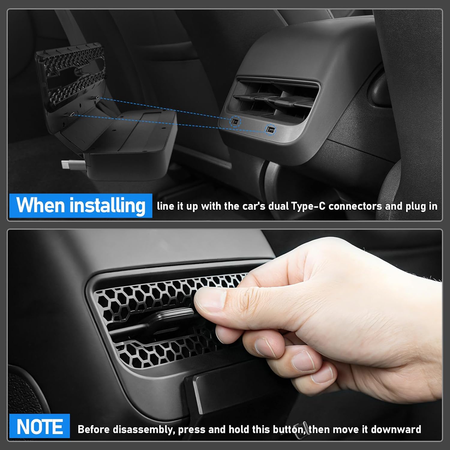 Rear USB Charger Hub for Tesla Model Y 2021-2024 Accessories- 4-Port Fast Charging Hub with Sliding Cover, 2 Type-C Docking Station for Tesla Model 3 2021-2023