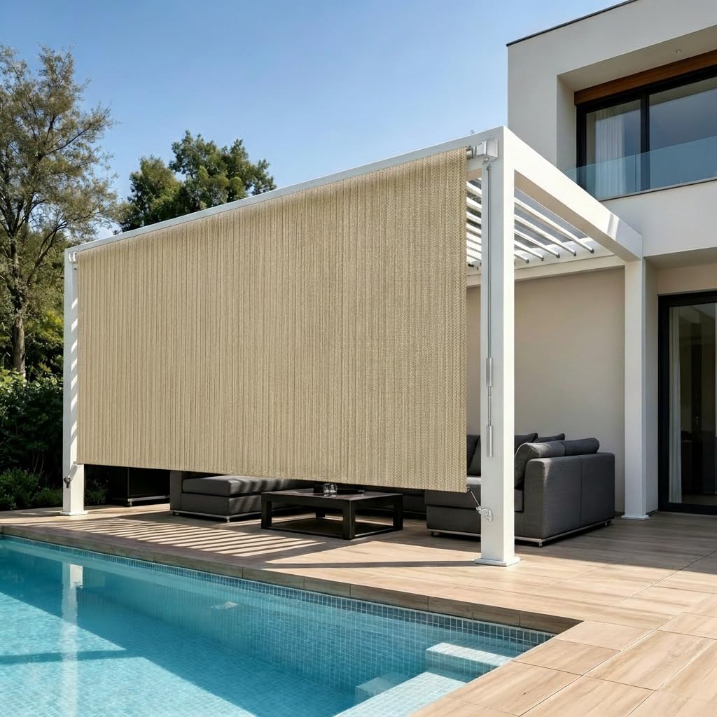 10' W x 8' H Outdoor Roller Shades for Patio, Wheat