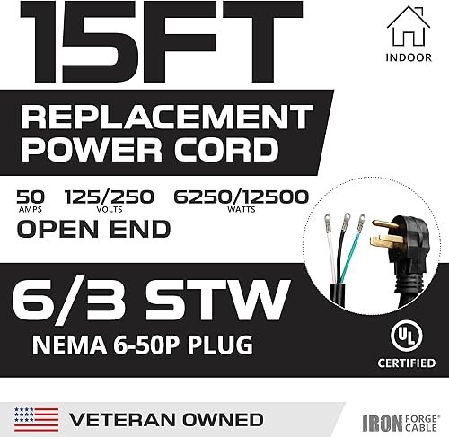 Miniatura 2 de Iron Forge Cable Cable de extensión NEMA 6-50 de 15 pies con extremo abierto, soldador de 50 amperios y cable de extensión EV calibre 63 compatible