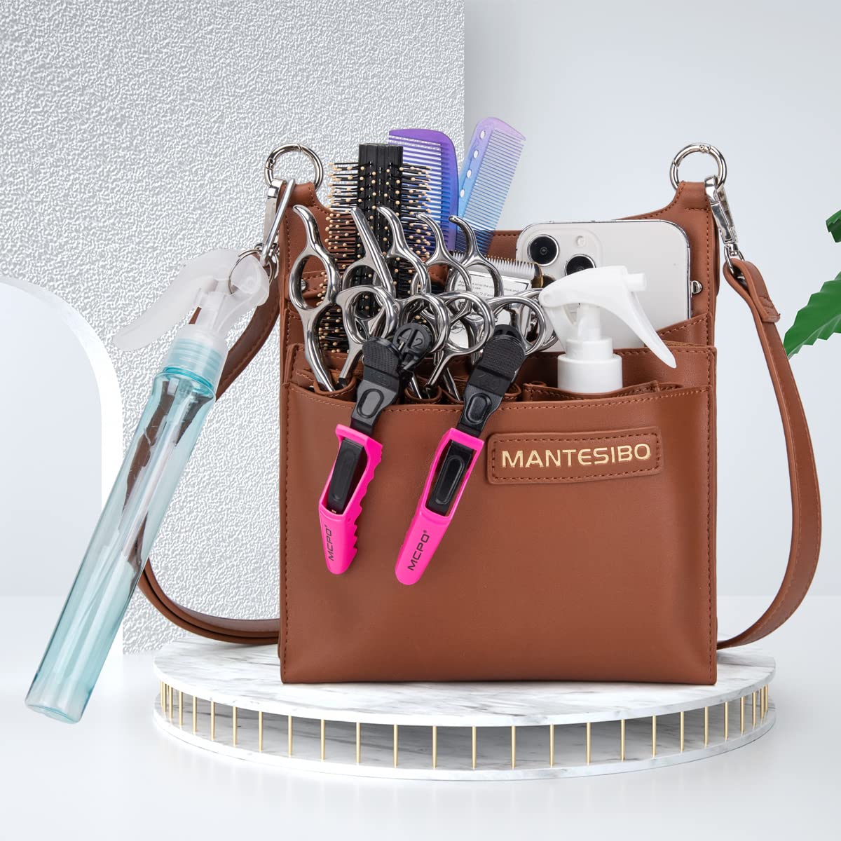 Marsupio per Parrucchiere, Marsupio per Strumenti per Parrucchieri, Marsupio per Forbici, per Taglio di Capelli con Tracolla Regolabile per Pettini, Rasoi, Forbici, Clip (LQ-IT Marrone)