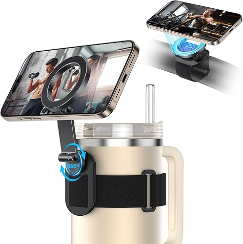 OMOTON Soporte magnético para teléfono Magsafe, rotación de 360 con 2 correas de velcro, imanes fuertes compatibles con botella Stanley de 30 onzas