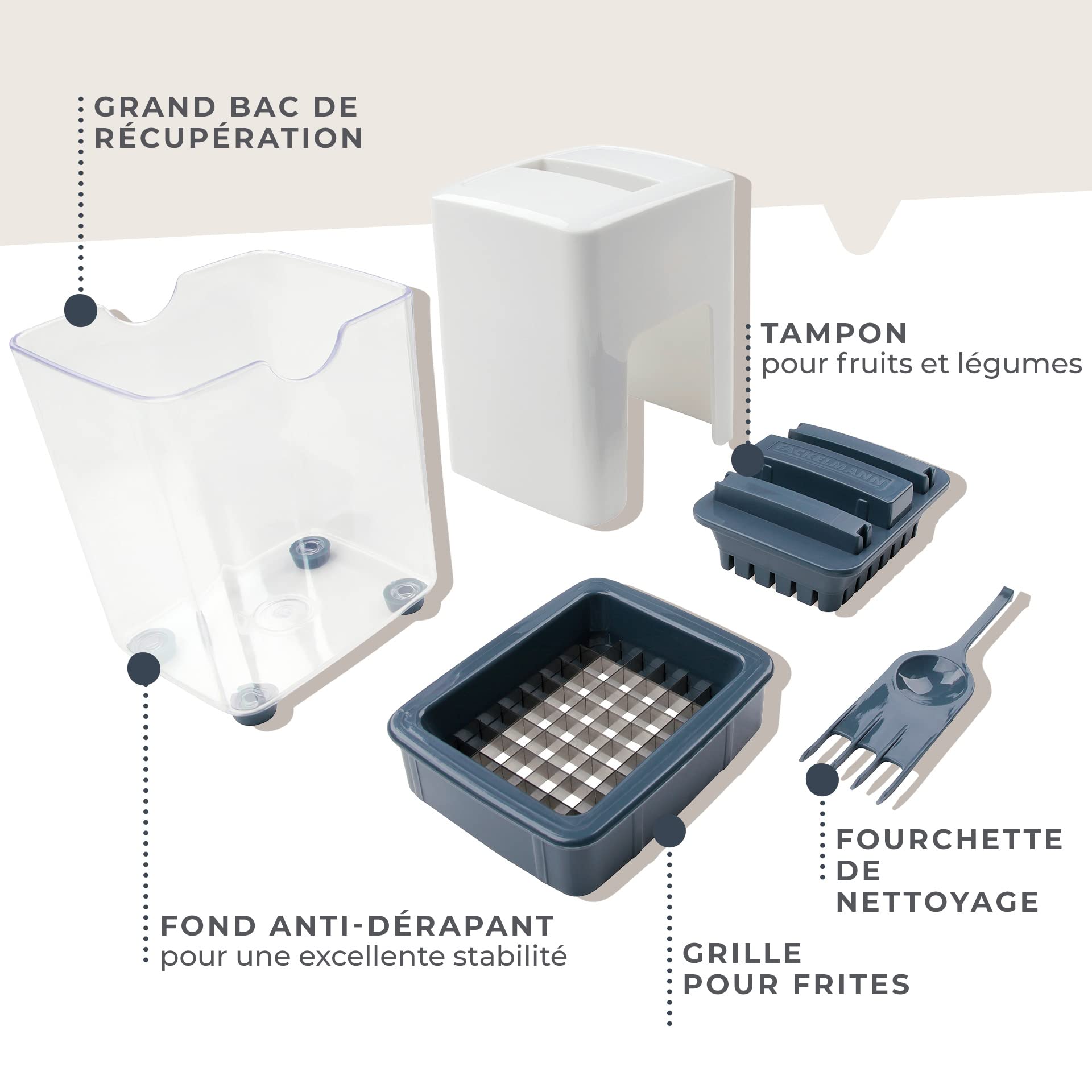 Fackelmann 27902 Coupe frite Manuel avec récipient et Brosse de Nettoyage, Coupe légumes, Coupe frite, ustensile de Cuisine, Plastique, Blanc, Bleu, 11,5 x 10 x 16 cm