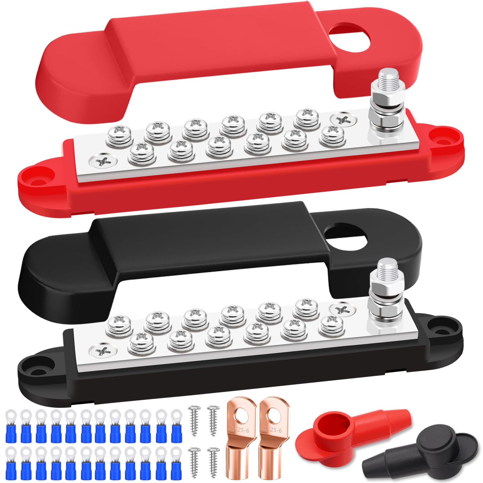 Battery 250A Bus Bar Power Distribution Block Set - 4 Post Red Black Pair C 441875 - Foto 5