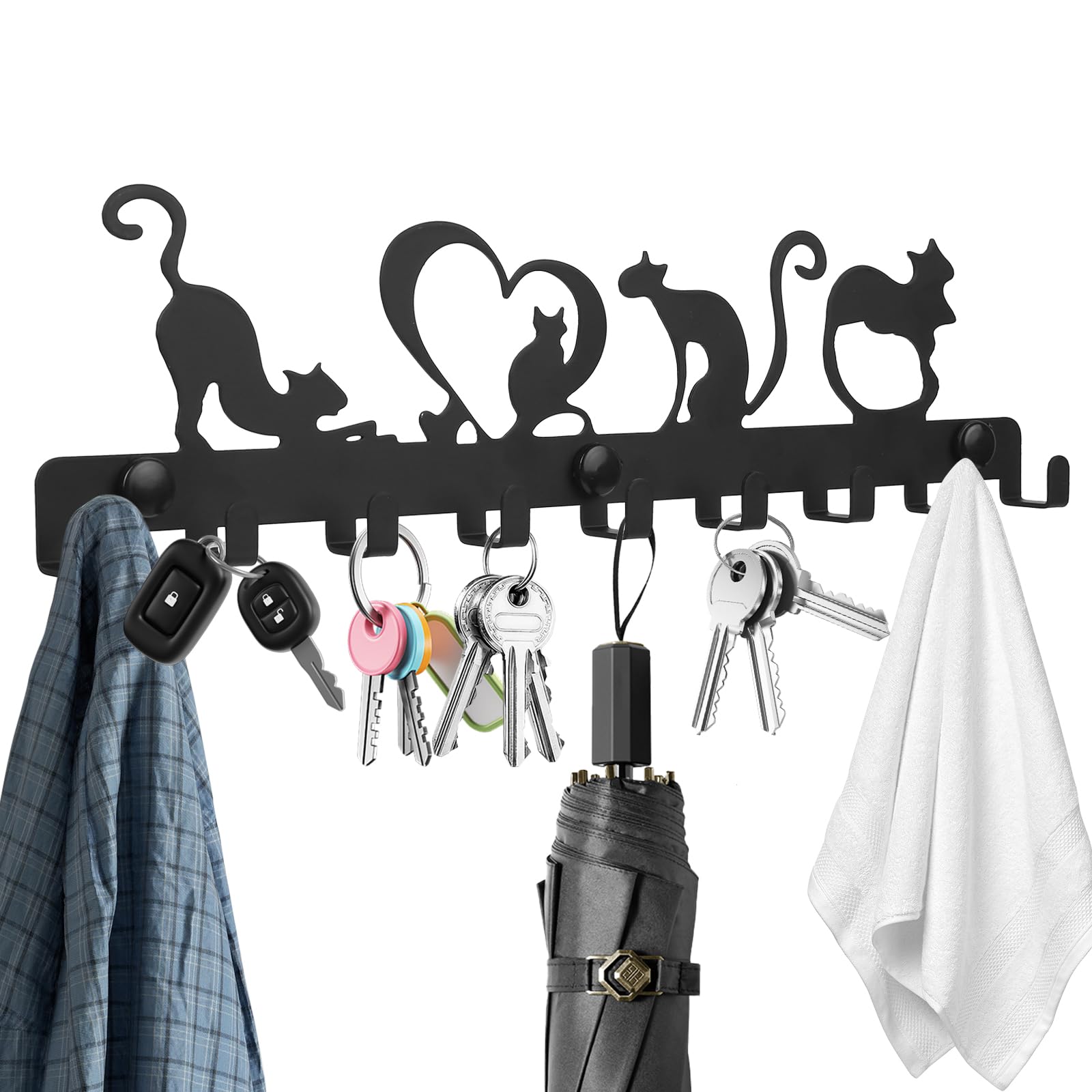 Black Key Holder For Wall With 9 Hooks, Key Hooks Wall Mounted(Cute Cat)