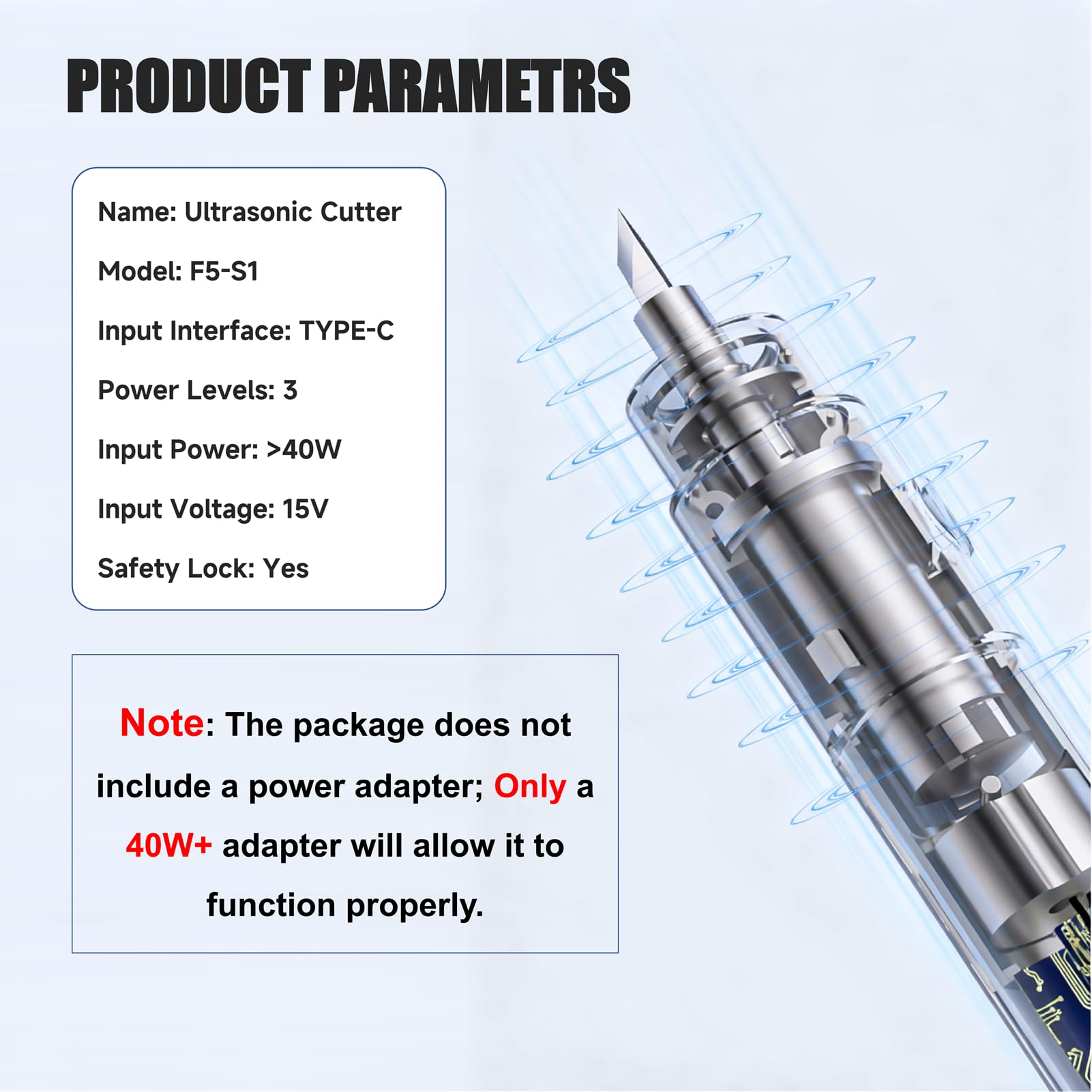 Jiawu Ultradźwiękowy nóż Tnący 40 KHz, 3-biegowe, Przewodowe, Ręczne Narzędzie do Cięcia Ręcznego z 4 Ostrzami do Drukowania 3D, Pleksiglasu, PCB, Skóry, żywicy, Majsterkowania (FS-S1)