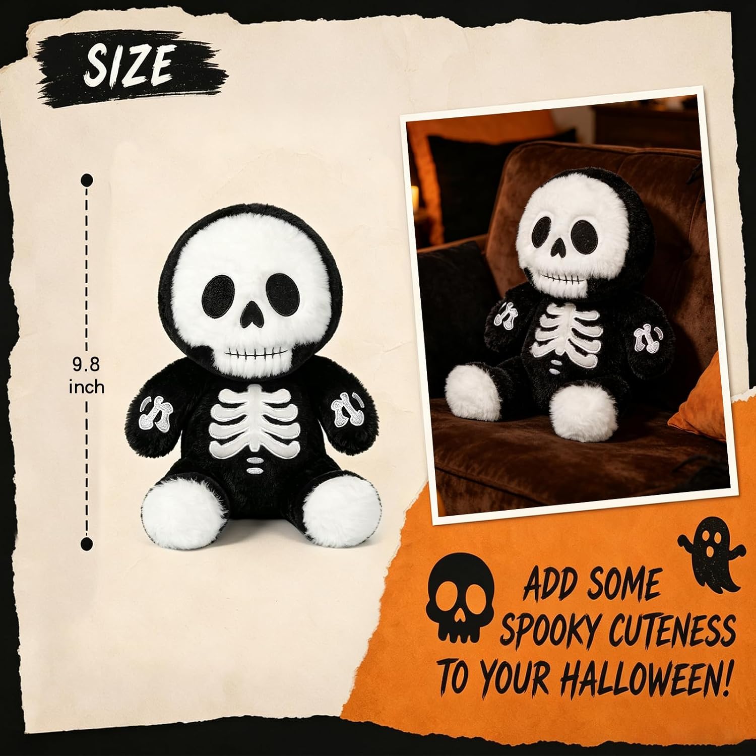 Halloween Skeleton Plush Pillow - 9.8 Inch Cute Skeleton Stuffed Animal for Halloween Decoration, Party Decor for Kids and Adults image 2