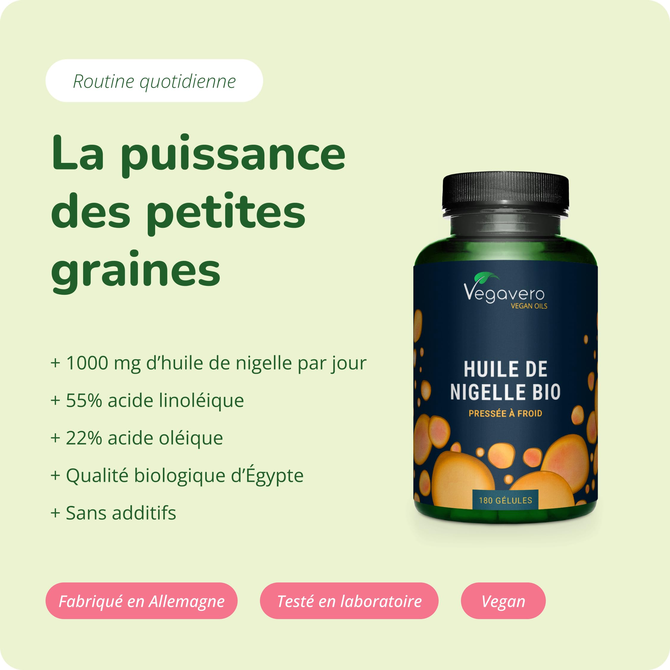 Nigelle BIO & VEGAN | 1000mg d’Huile de Cumin Noir | Immunité + Peau | Avec Thymoquinone & Acide Linoléique (Oméga 6) | Pressé à Froid | 180 Gélules | Vegavero®