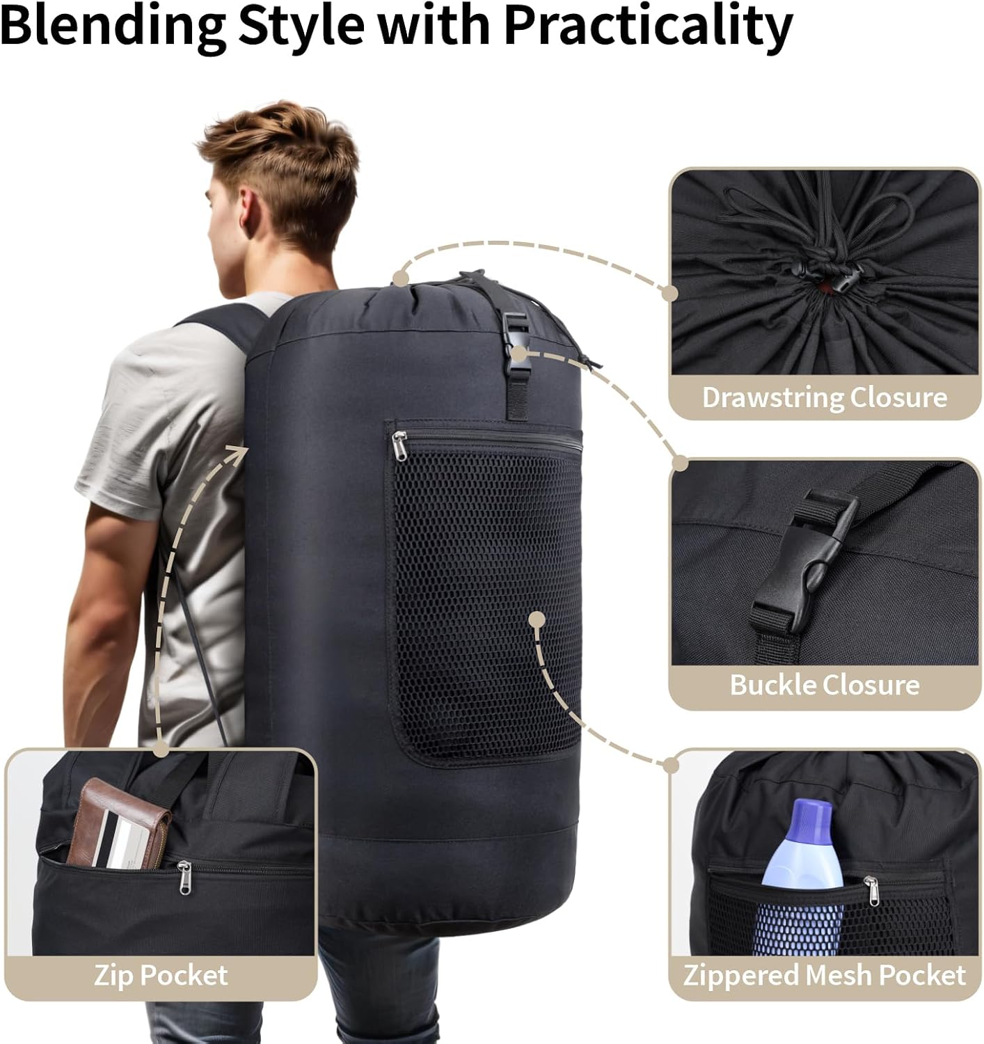 F-color Laundry Bag Backpack 75L Black Bundle with Shower Caddy Portable with Hooks Grey image 5