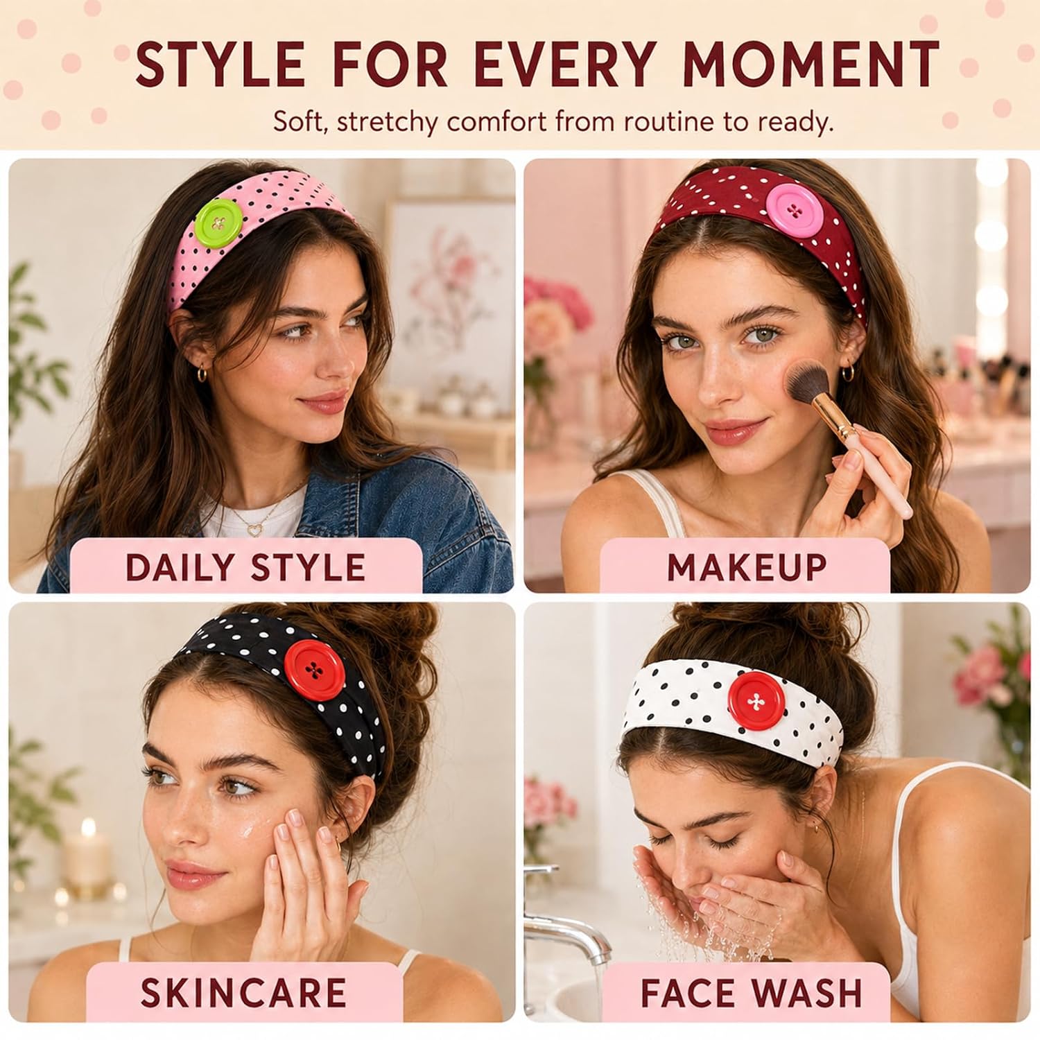 4 Pack Polka Dot Button Headbands for Women, Retro Hair Accessories image 4