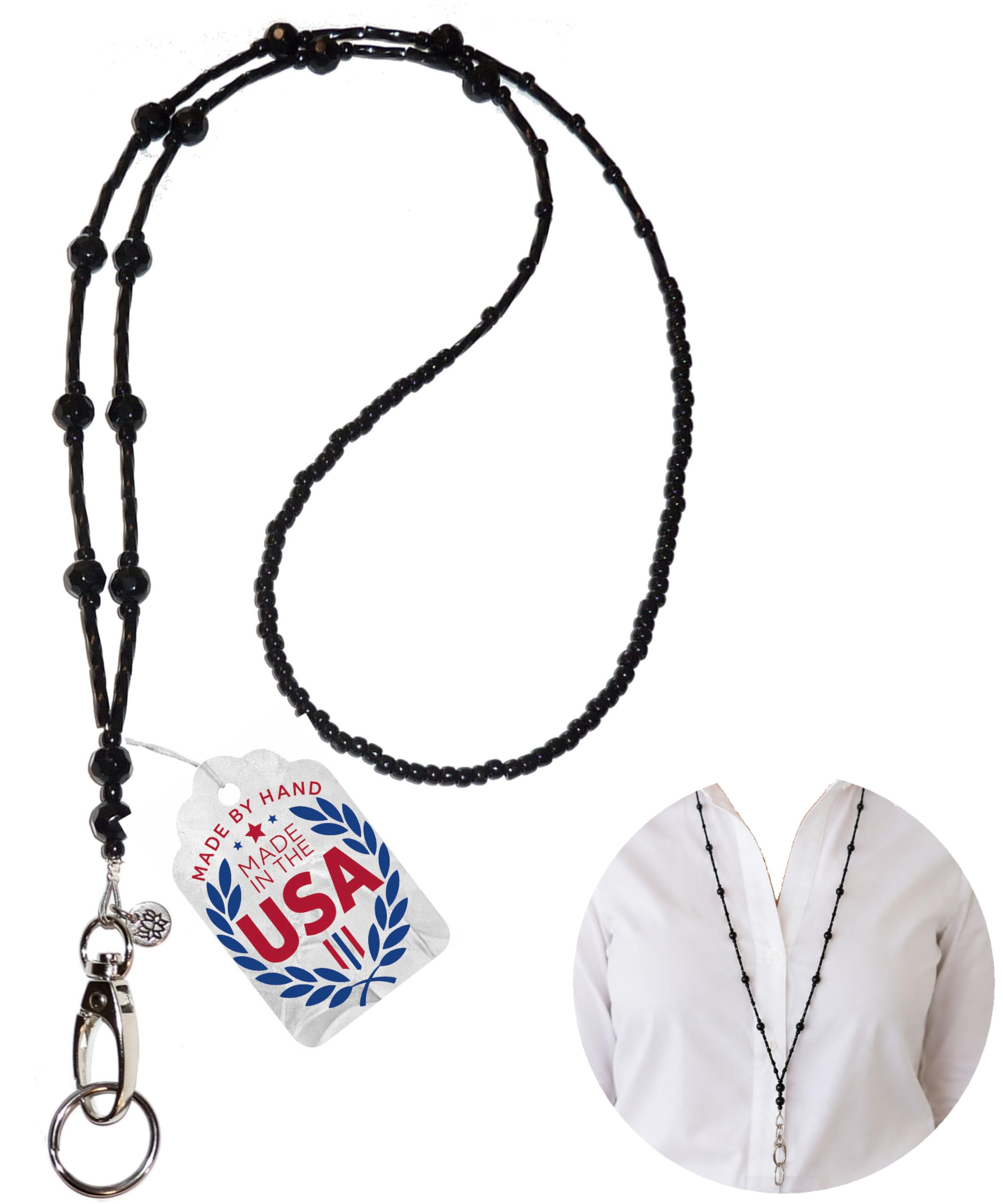 Simple Black Fashion Women's Beaded Lanyard 34", Key and Badge Holder (Non Breakaway - Stronger)