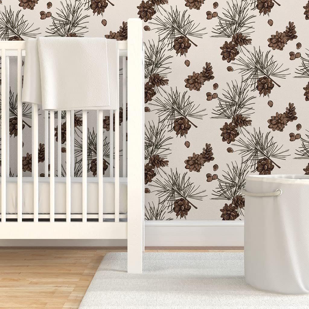 Peel & Stick Wallpaper 3ft x 2ft - Pine Cone Fir Branch Woods Botanical Needles Watercolor Flowers Xmas Custom Removable Wallpaper by Spoonflower
