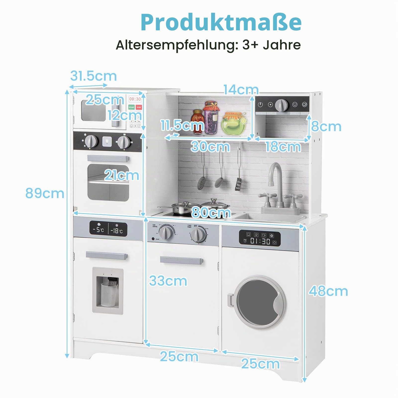 HOMASIS Spielküche mit Zubehör, Kinderküche Holz, Spielzeugküche mit Spüle Wasserhahn Herd Ofen Waschmaschine Kühlschrank, Holzküche mit Licht & Sound, Kinderspielküche für Kinder ab 3 Jahre, Weiß
