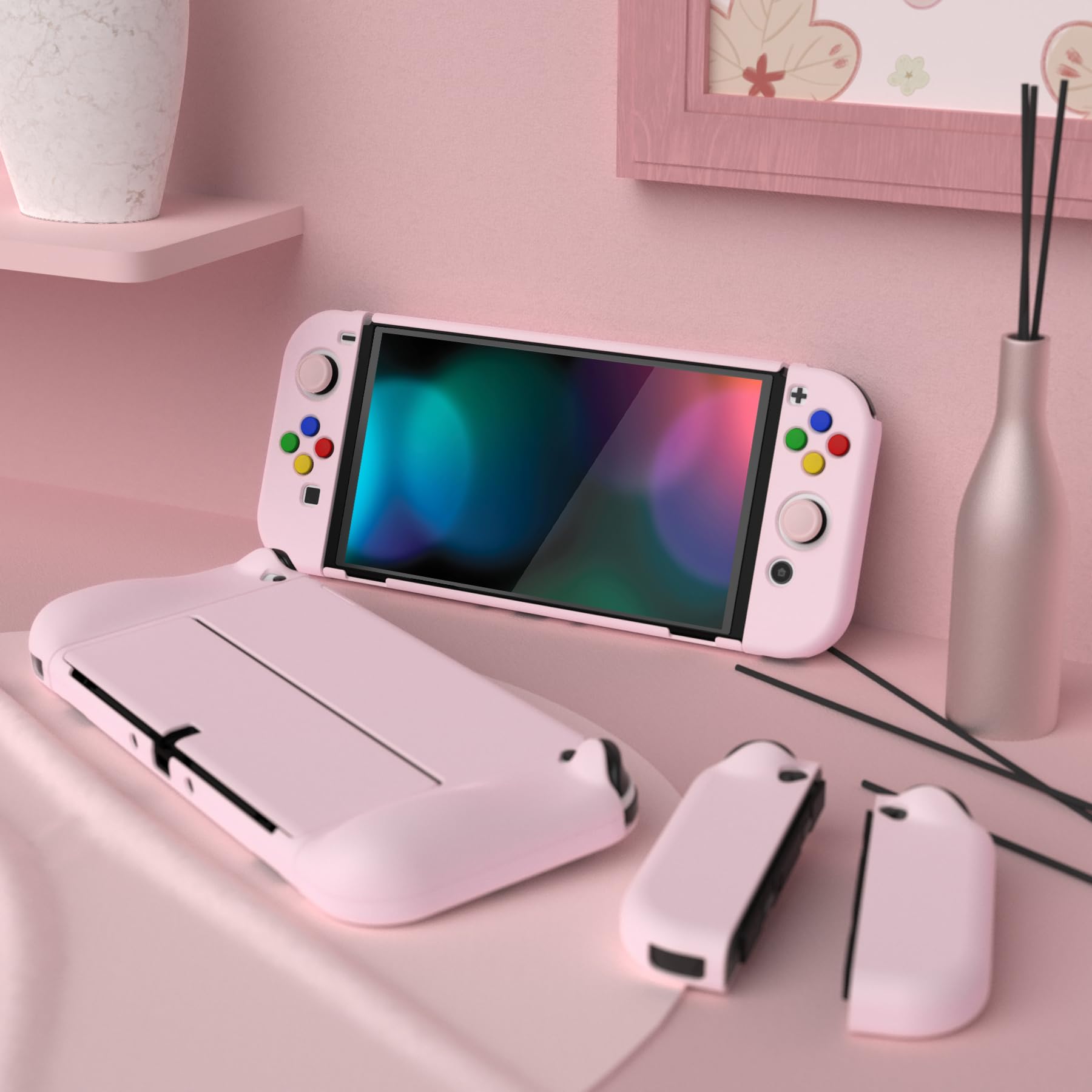 PlayVital Funda Protectora Ergonómica para Nintendo Switch OLED, Carcasa Rígida Antideslizante con Tapas para el Pulgar y Pegatinas Decorativas para Botones (Rosa)
