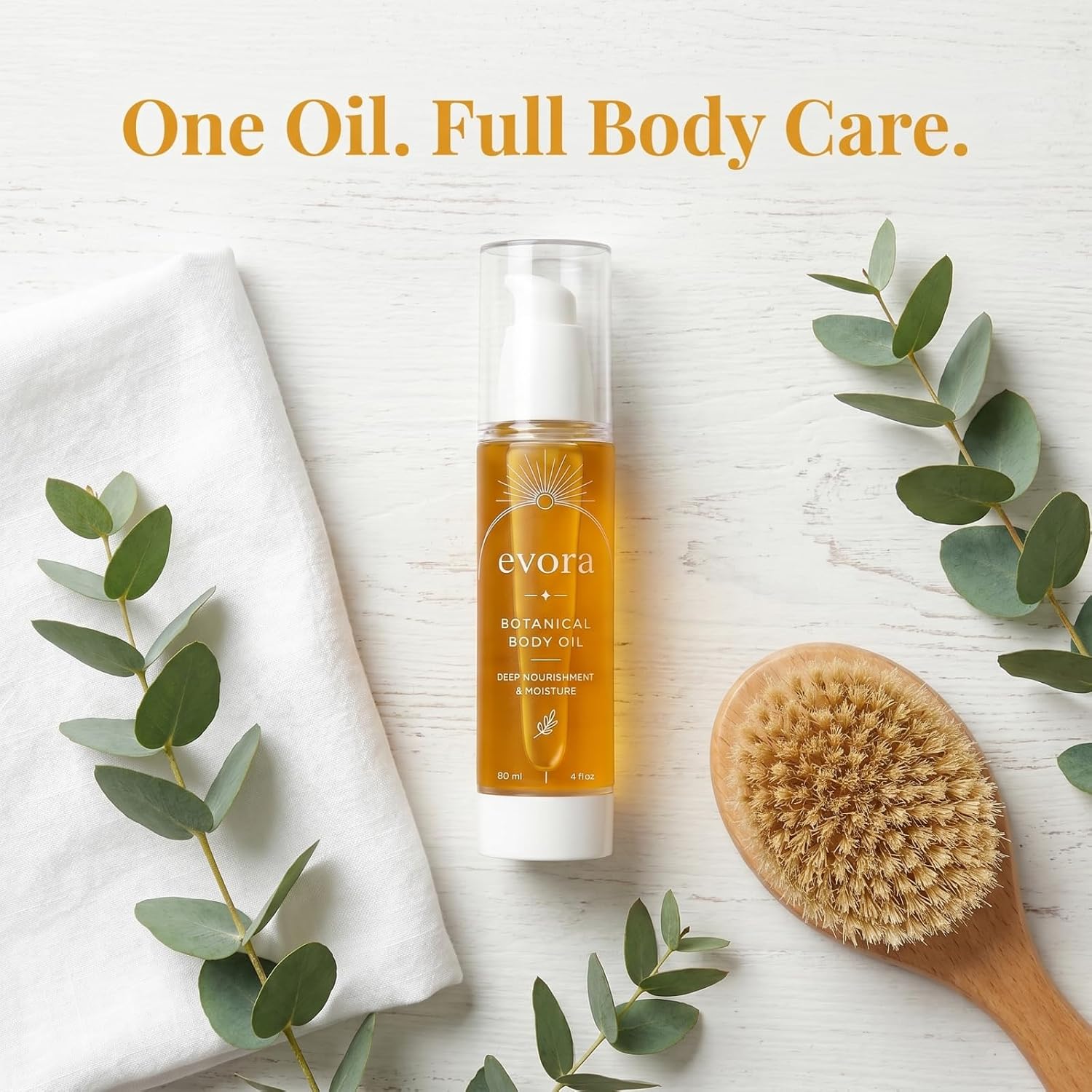 Evora Botanical Body Oil for Crepey Skin & Aging Skin, Firming Body Oil with Wakame Algae, Brazil Nut Oil & Vitamin E, Fast Absorbing Moisturizing Body Oil for Dry Skin, Non-Greasy, 4 Fl Oz