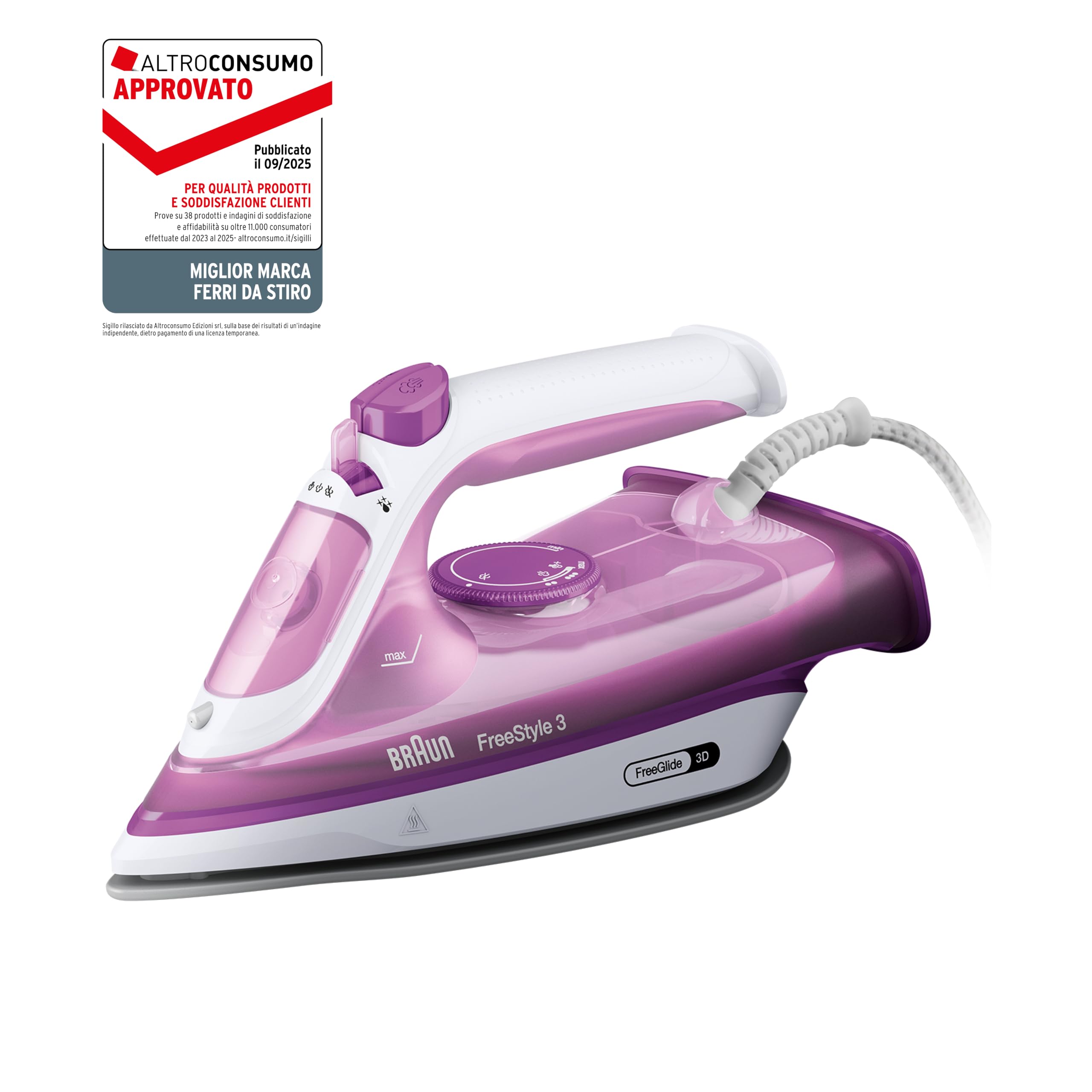Braun FreeStyle3 FI3124PU Ferro da Stiro con 5 Anni di Assistenza, MODALITA' ECOMODE Risparmio Energetico, Tecnologia FreeGlide 3D, vapore 170g/min, AutoSpegnimento, Serbatoio acqua 270ml, 2700W,Viola