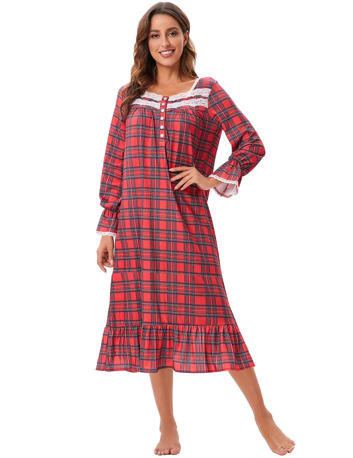 Citridarll Women's Red Plaid Nightgown Victorian Nightwear Cotton Long Sleeve Loungewear Lace Trim Vintage Sleepwear With Lace Trim, Large