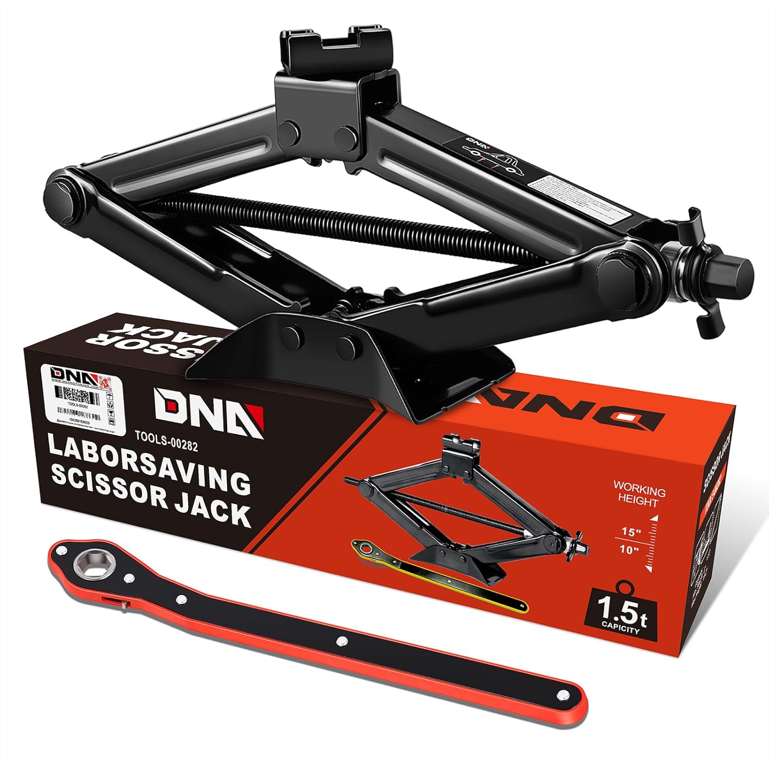 DNA Motoring Scissor Jack for Car, 1.5 Ton (3,306 lbs) Scissor Lift Jack with Labor-Saving Ratchet Wrench for Most Cars, 4'' - 15.2'' Lifting Range, TOOLS-00282