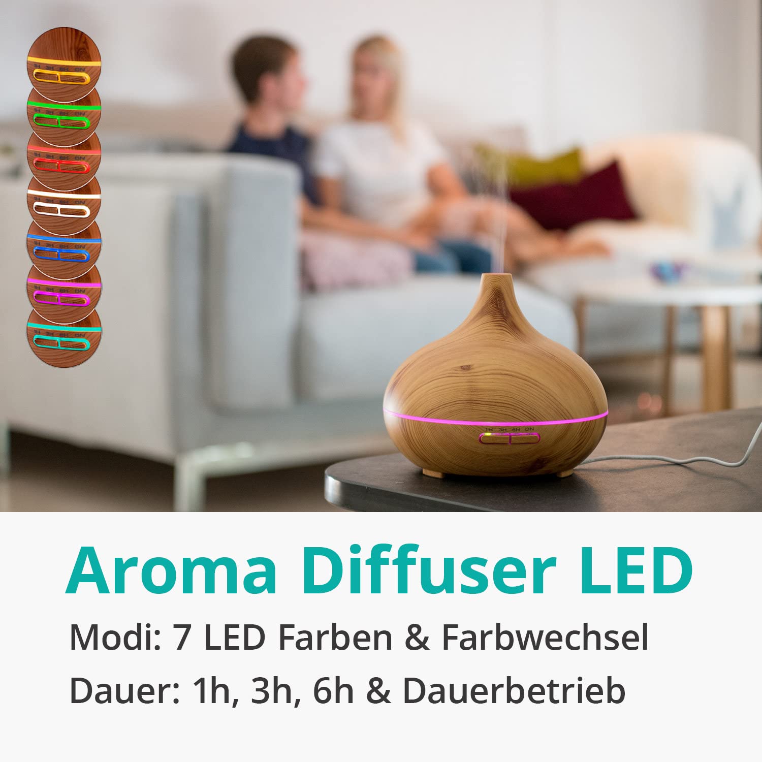 Difusor de aroma de madera con Top 6 Set de aceites esenciales naturales – Difusor de aroma – 300 ml – Tecnología ultrasónica silenciosa – Humidificador – Iluminación LED