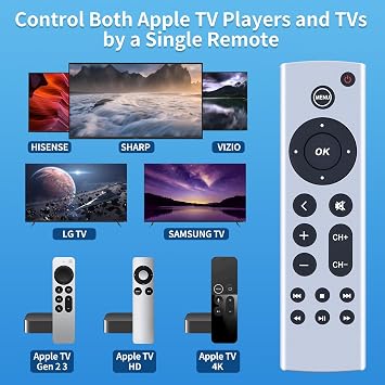 Universal Replacement Remote Control fit for Apple TV Gen 1 2 3 4, for Apple TV 4K / HD A1427 A1469 A1378 A1218 A2843 A2737 A2169 A1842 A1625 (No Voice Function)
