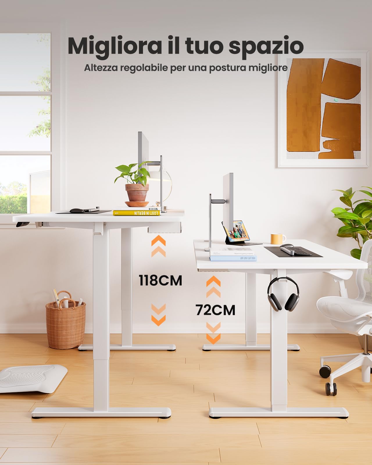 ErGear Scrivania Regolabile in Altezza da Ufficio, 160x80 cm, Bianca | Regolazione 72-118cm, 4 Memorie, 80kg, <50dB, Telaio Acciaio, 2 Ganci, Passacavi, Piano Assemblato.
