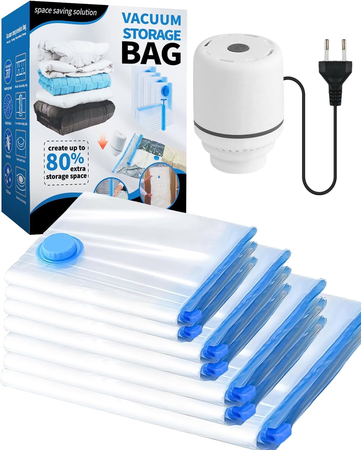 Vacuum Storage Bags Combo Pack with Electric Pump | 2 Small, 2 Medium, 2 Large & 1 Jumbo Compression Bags | Reusable Airtight Vacuum Seal Bags for Clothes, Blankets & Quilts | Up to 80% Space Saving