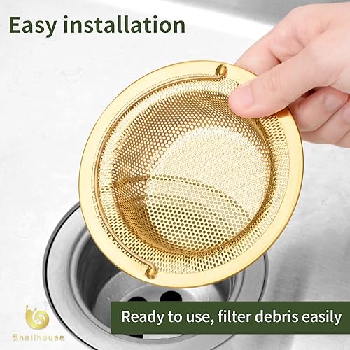 Miniatura 3 de Snailhouse Coladores para fregadero, paquete de 2 cestas de drenaje de malla de acero inoxidable de 4.5 pulgadas con borde ancho y asa, color dorado