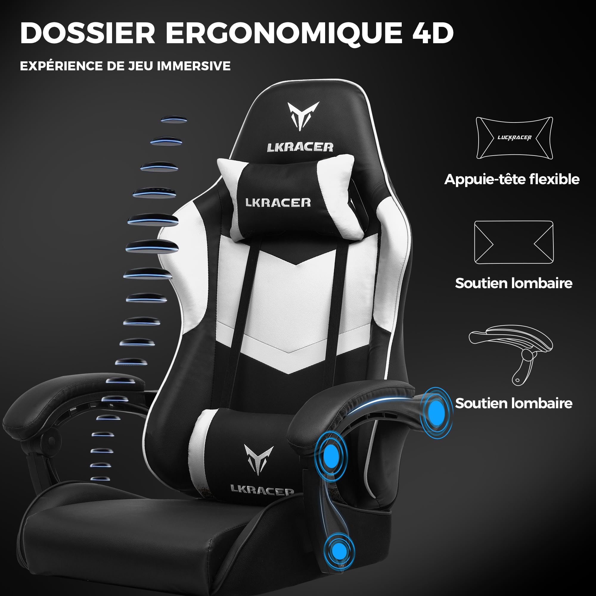 GTPLAYER Chaise de Jeu, de Bureau, de Massage, Ergonomique, pour Gamer, appuie-tête, Coussin Lombaire rembourré, Fauteuil pivotant, Supporte 150 kg, Blanc