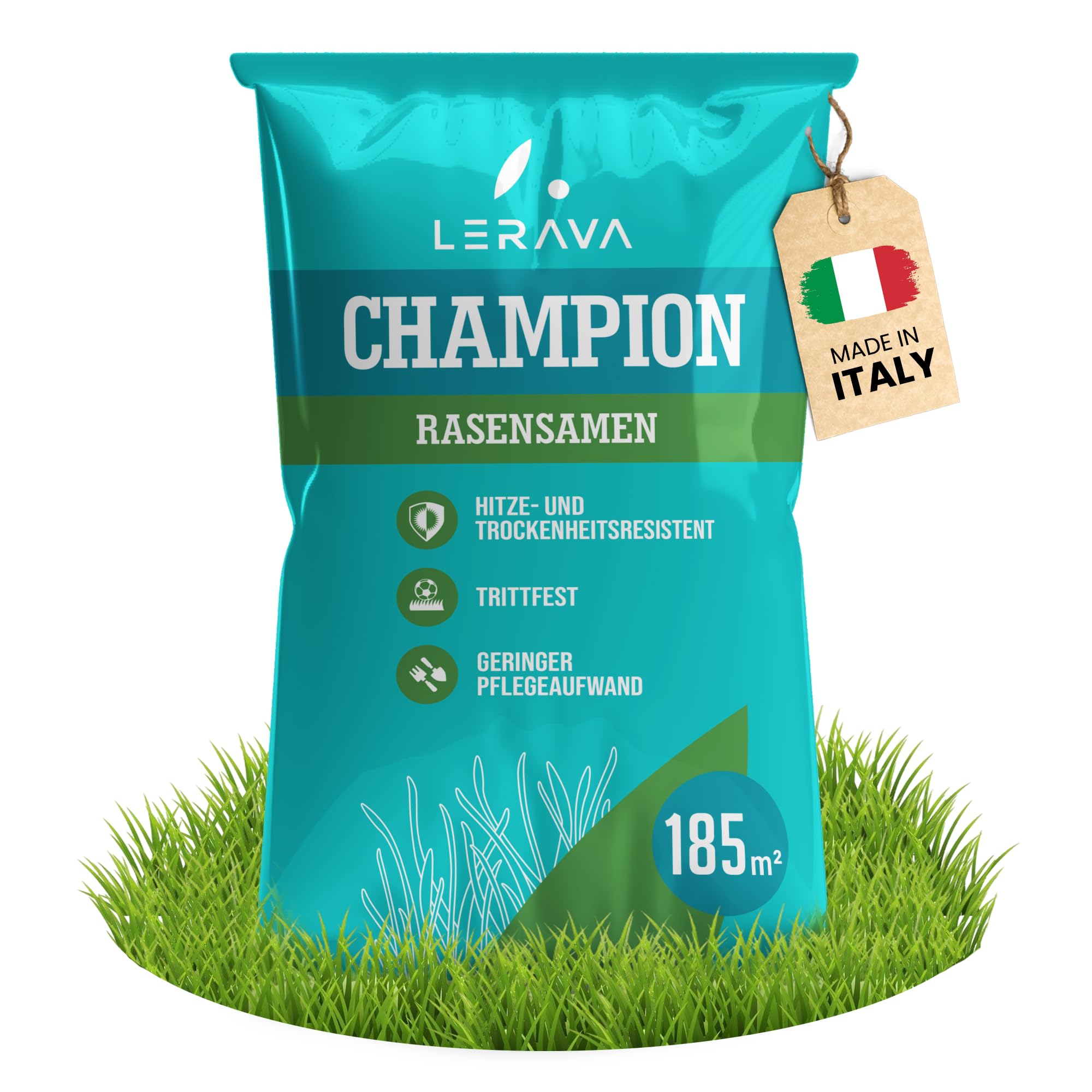 LERAVA CHAMPION Rasensamen (185 m²) - trockenresistent & trittfest - schnellkeimender Grassamen für dichten Rasen - strapazierfähige Nachsaat Herbst - ideal für Spiel- & Sportrasen