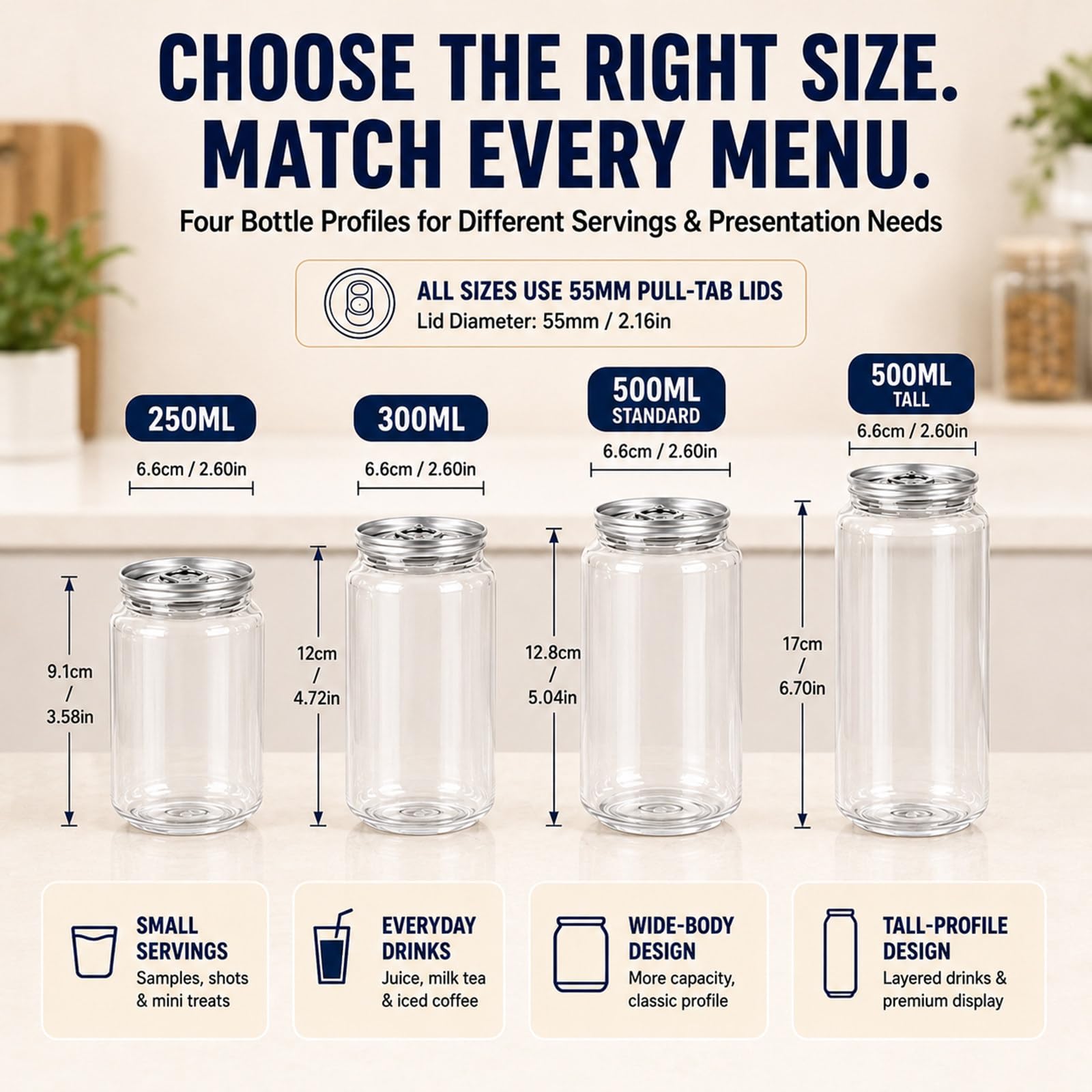 Envases Pet con Tapas de Aluminio, 250 ml, 200 uds 250ml | 200 envases con 200 tapas de aluminio, cuerpo transparente de PET, borde de 55 mm, para preparación por lotes en cafeterías