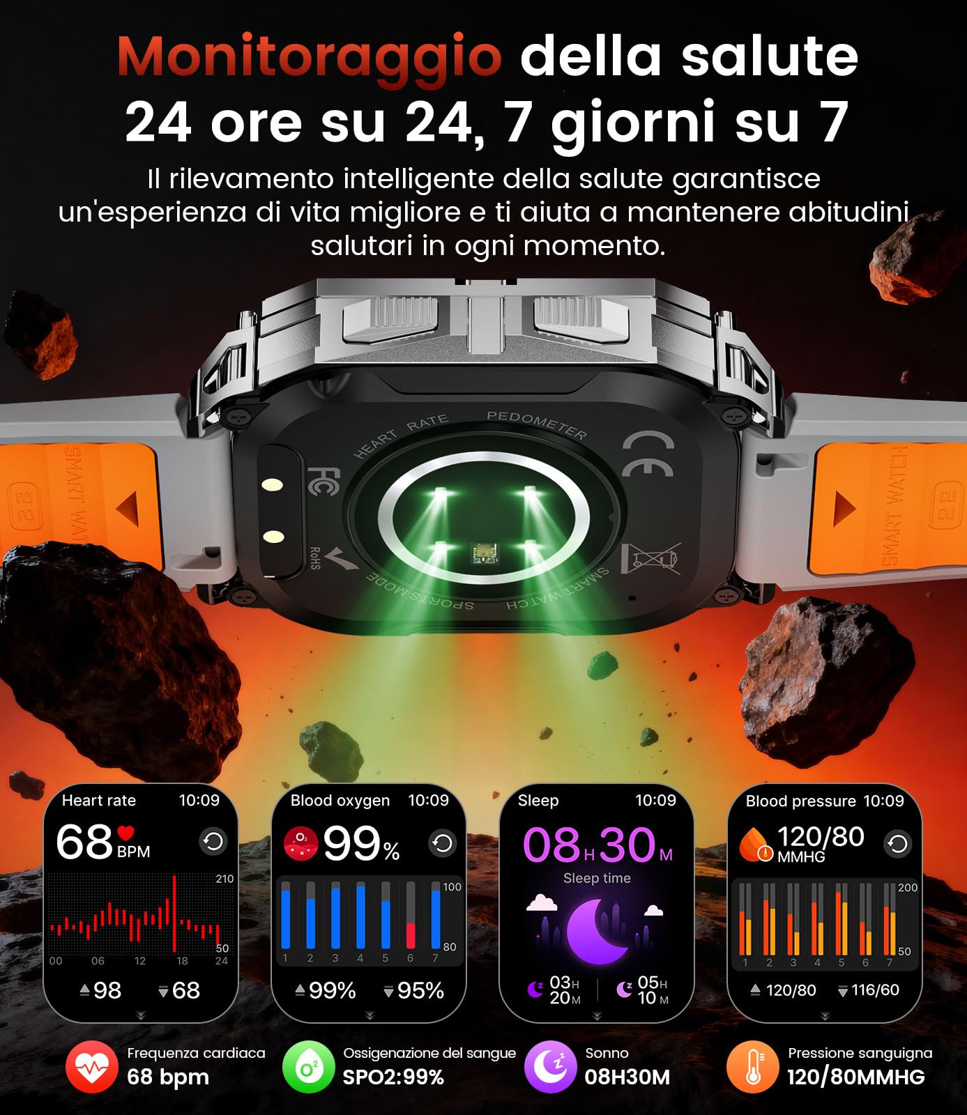 FITFLEX Orologio Smartwatch uomo,900 mAh,2,0" HD Touchscreen,IP68,Argento | 900 mAh, 2,0" HD grande touchscreen con funzione telefonica/frequenza cardiaca/monitor SpO2/sonno, 120+modalità sportive