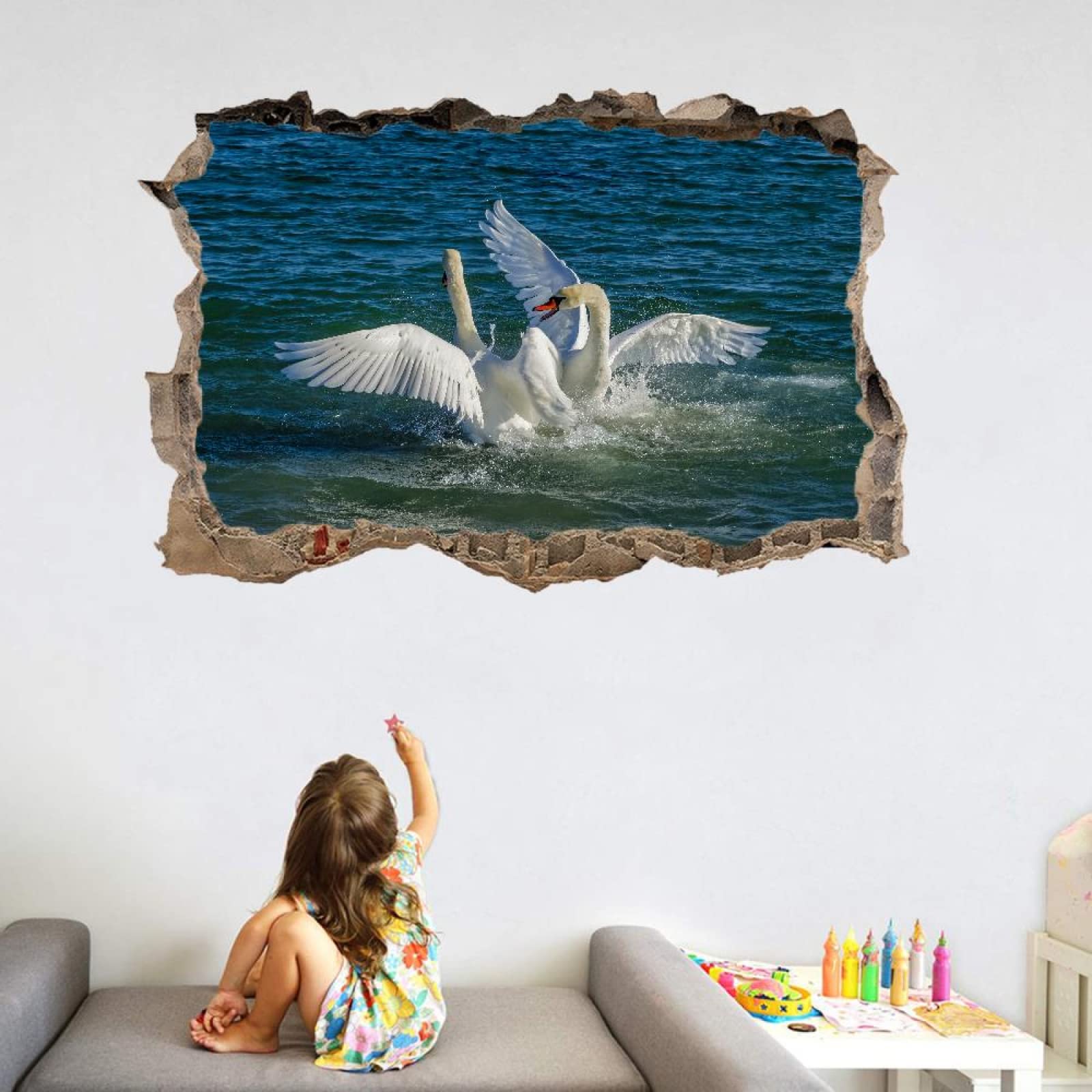 Tatuajes De Pared Wall Tattoo 3D Smashed Lago Adhesivo De Pared Extraíble Calcomanías Murales Para Habitaciones Cisnes Niñas Niños Dormitorio Mural Decoración Para El Hogar 75x113cm