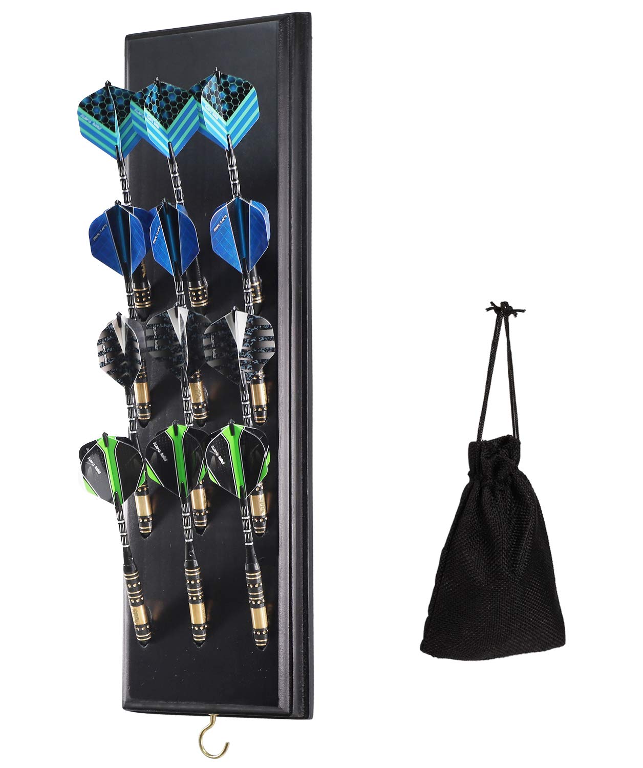 Darts Caddy Wall Mounted Darts Holder/Stand/with Metal Hook, Accessory Storage Bag, Displays 12 Set of Steel/Soft Tip Darts