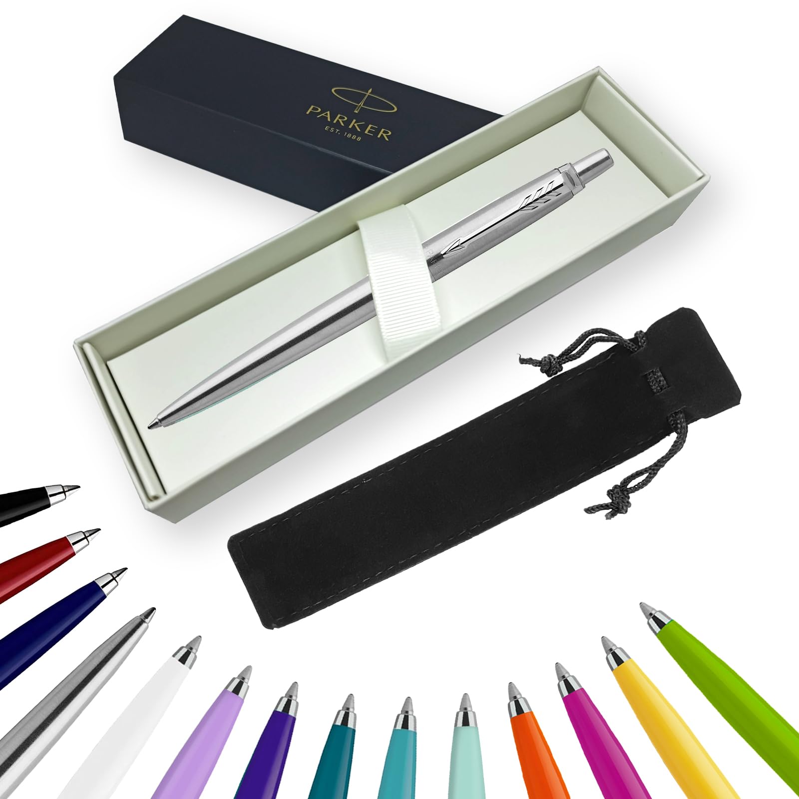 Parker Jotter Ballpoint Pen Handwriting Pens & Stationery Supplies - Ideal for Christmas and Gifts Can be Engraved! (Without Engraving, Stainless Steel w' Chrome Trim, Ribbon Gift Box)